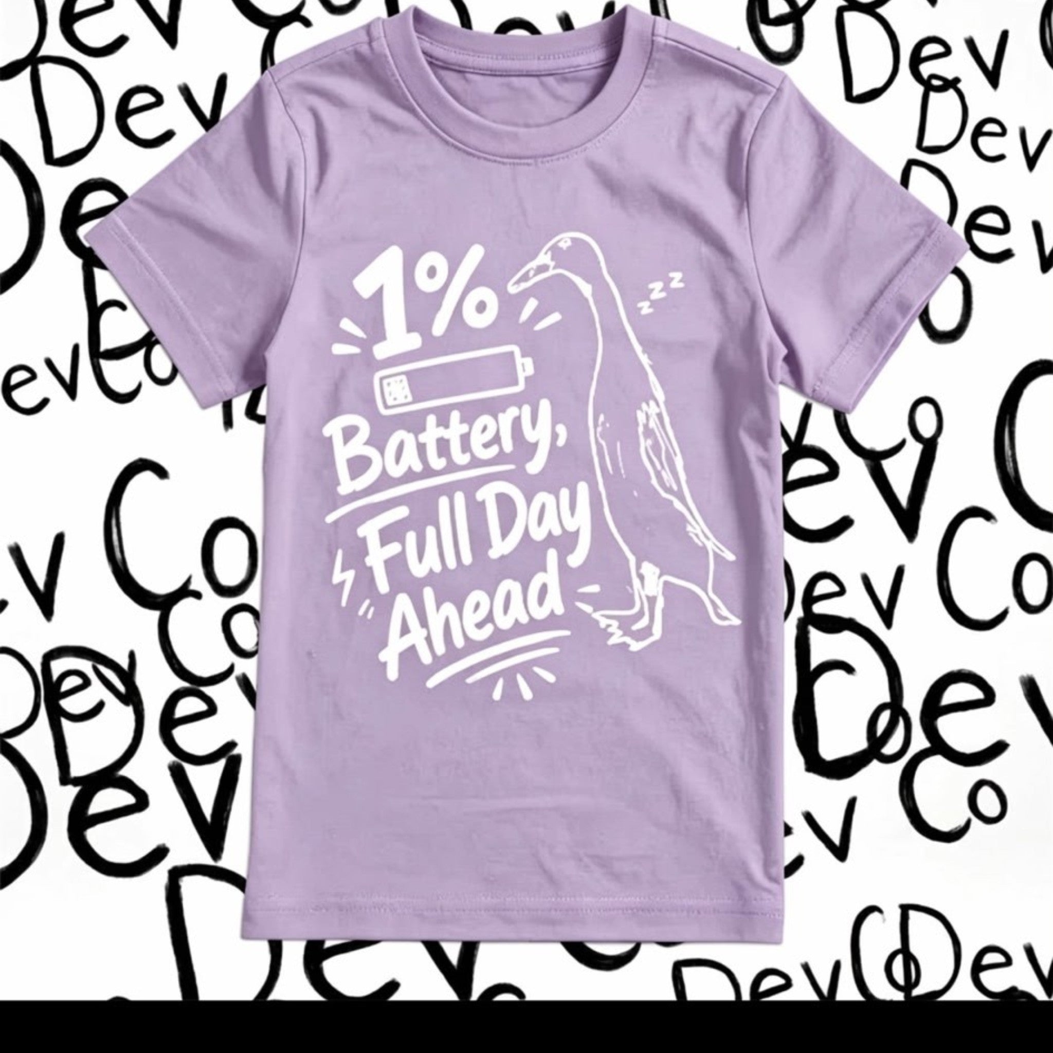 Dev co clothing lavender 100% organic cotton t-shirt with "1% Battery, Full Day Ahead" graphic and sleeping duck.