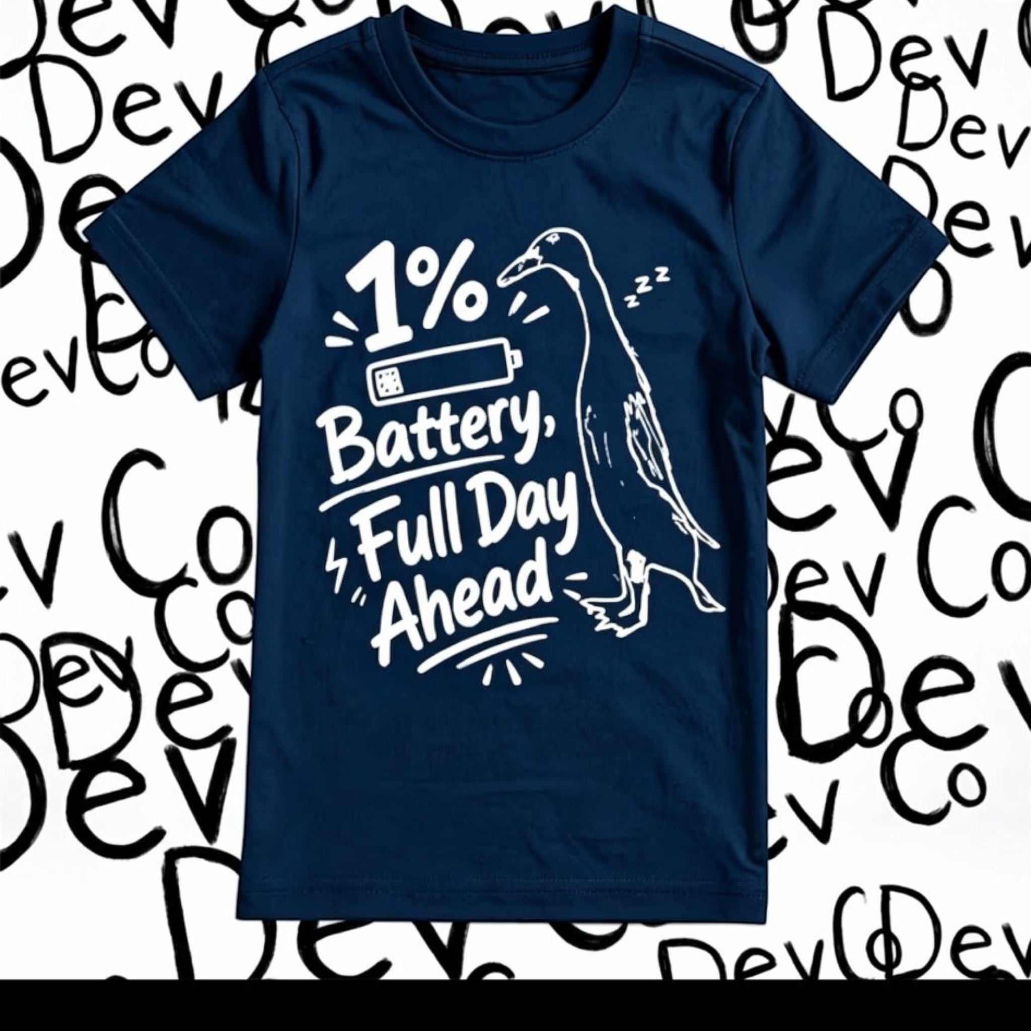 Dev co clothing navy blue organic cotton t-shirt with "1% Battery, Full Day Ahead" graphic and a sleeping duck.
