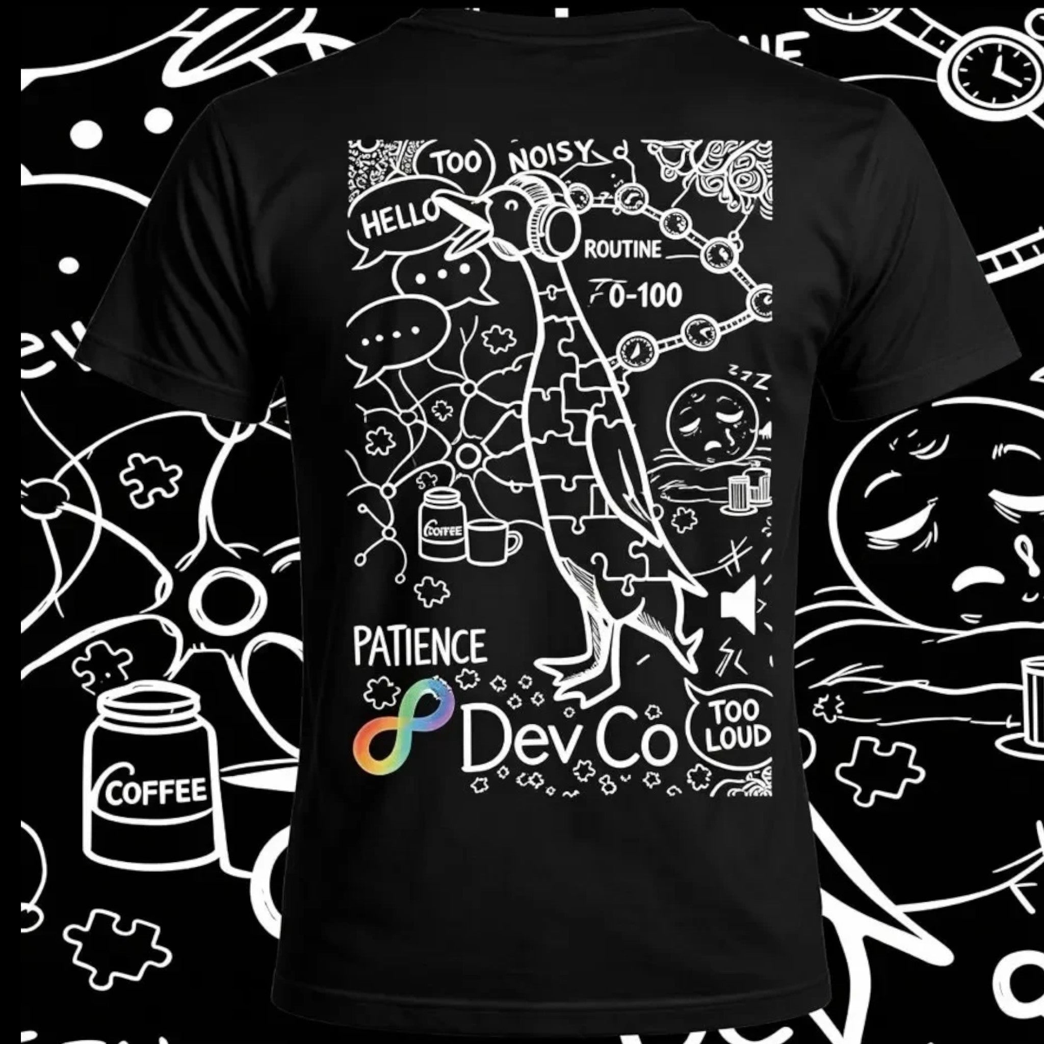 Black 100% organic cotton t-shirt with a white line drawing of a bird wearing headphones, surrounded by symbols of sensory overload and autism awareness. Features "Dev Co" logo.