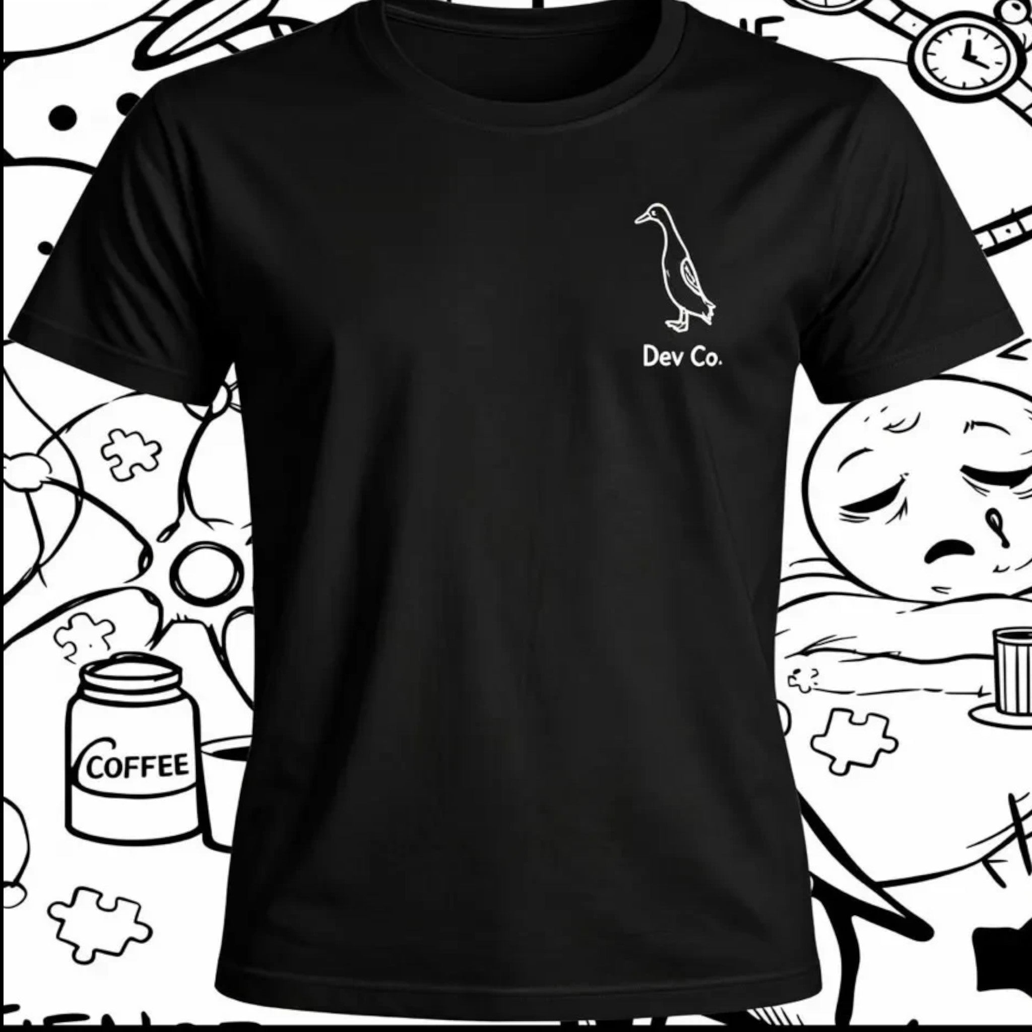 Dev co clothing black 100% organic cotton unisex t-shirt with a subtle duck graphic and "Dev Co." text.