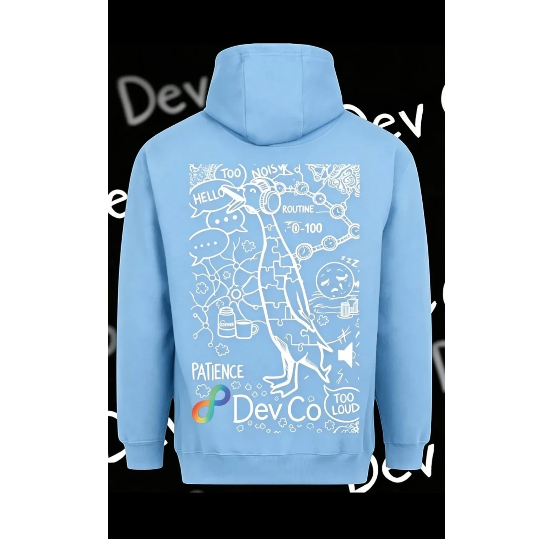 Dev co clothing light blue unisex adult hoodie made of cotton blend with a white graphic print of a bird and text.