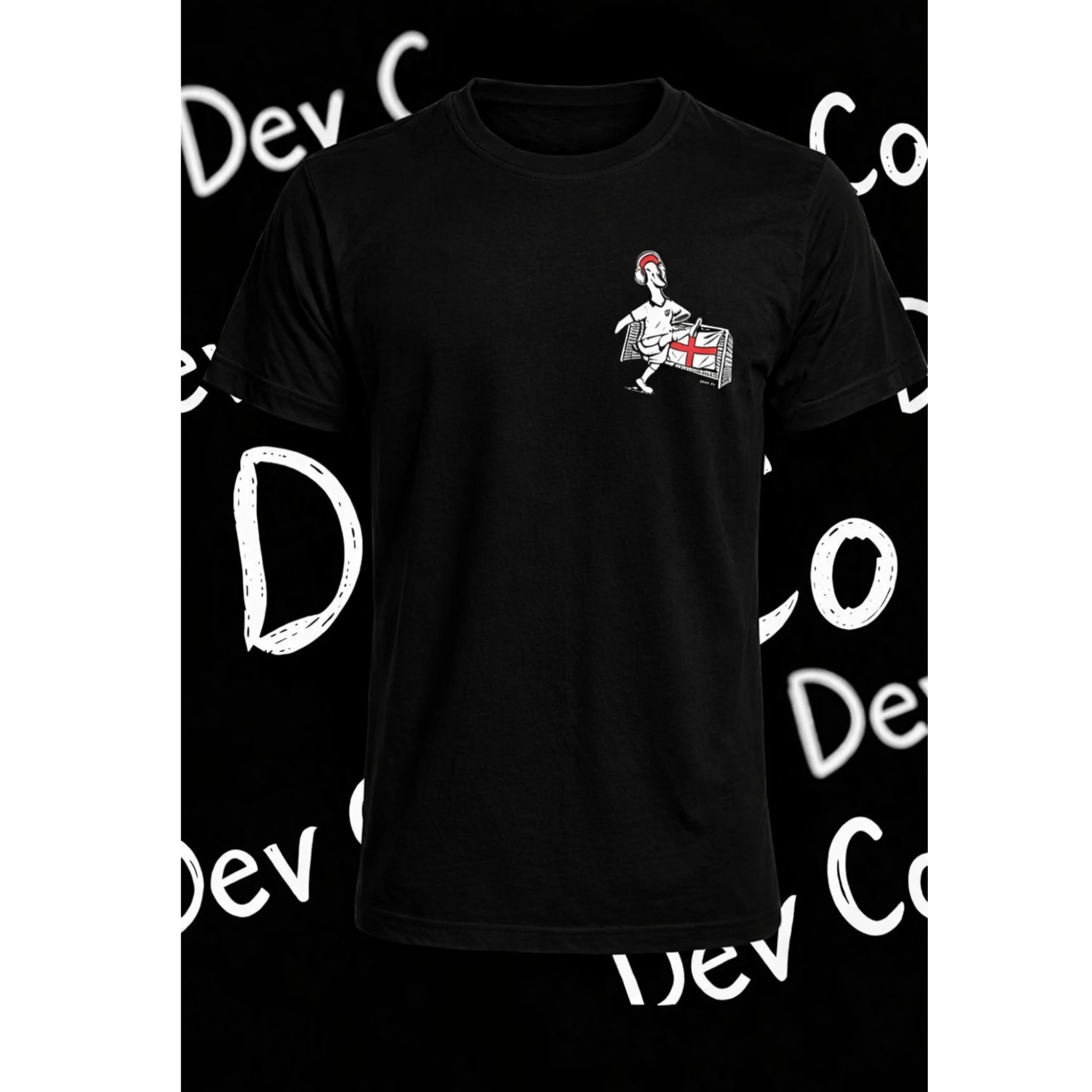 Dev co clothing black 100% cotton t-shirt featuring a small England-themed cartoon graphic on the chest.
