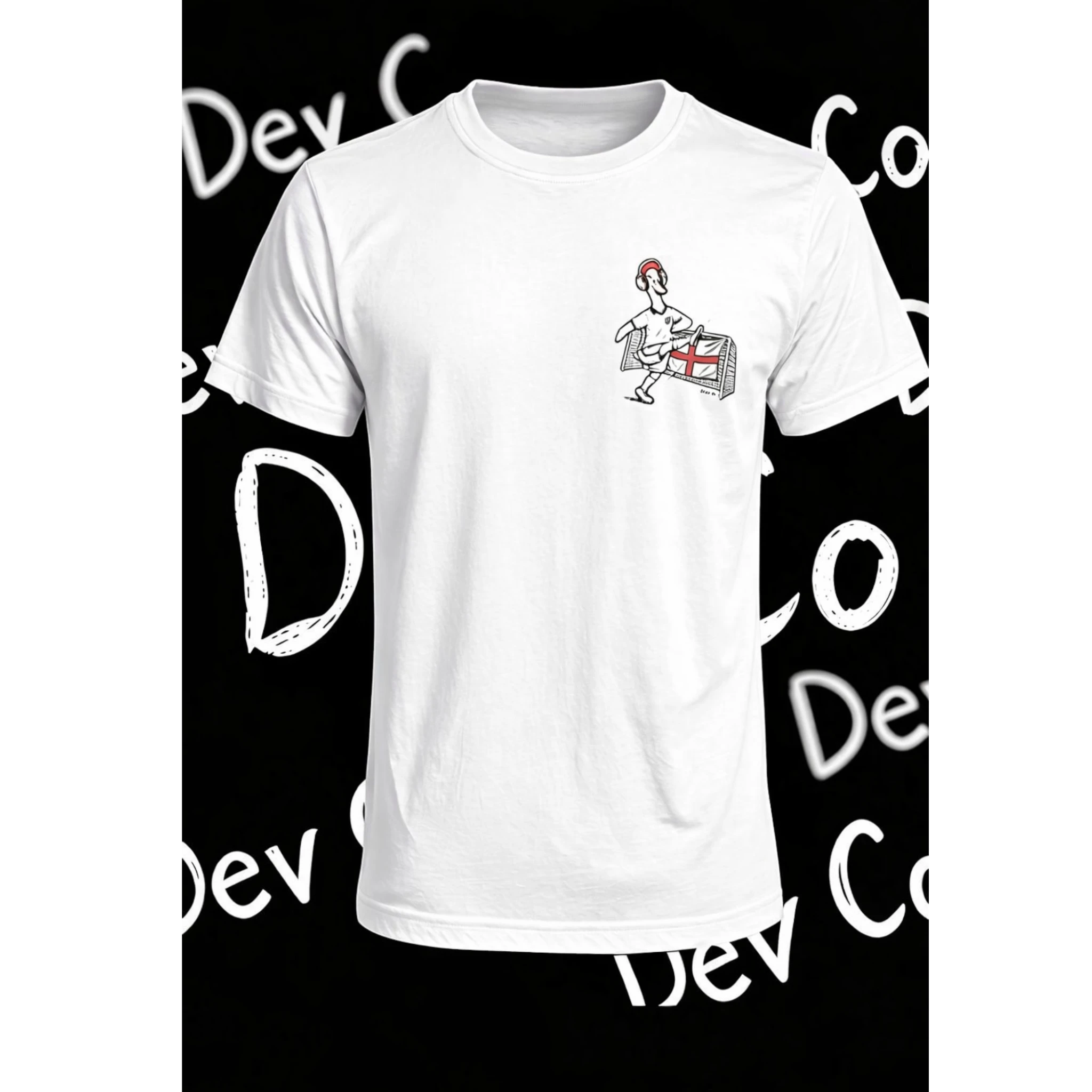 Dev co clothing white 100% cotton adult t-shirt featuring a small England football themed duck graphic on the chest.