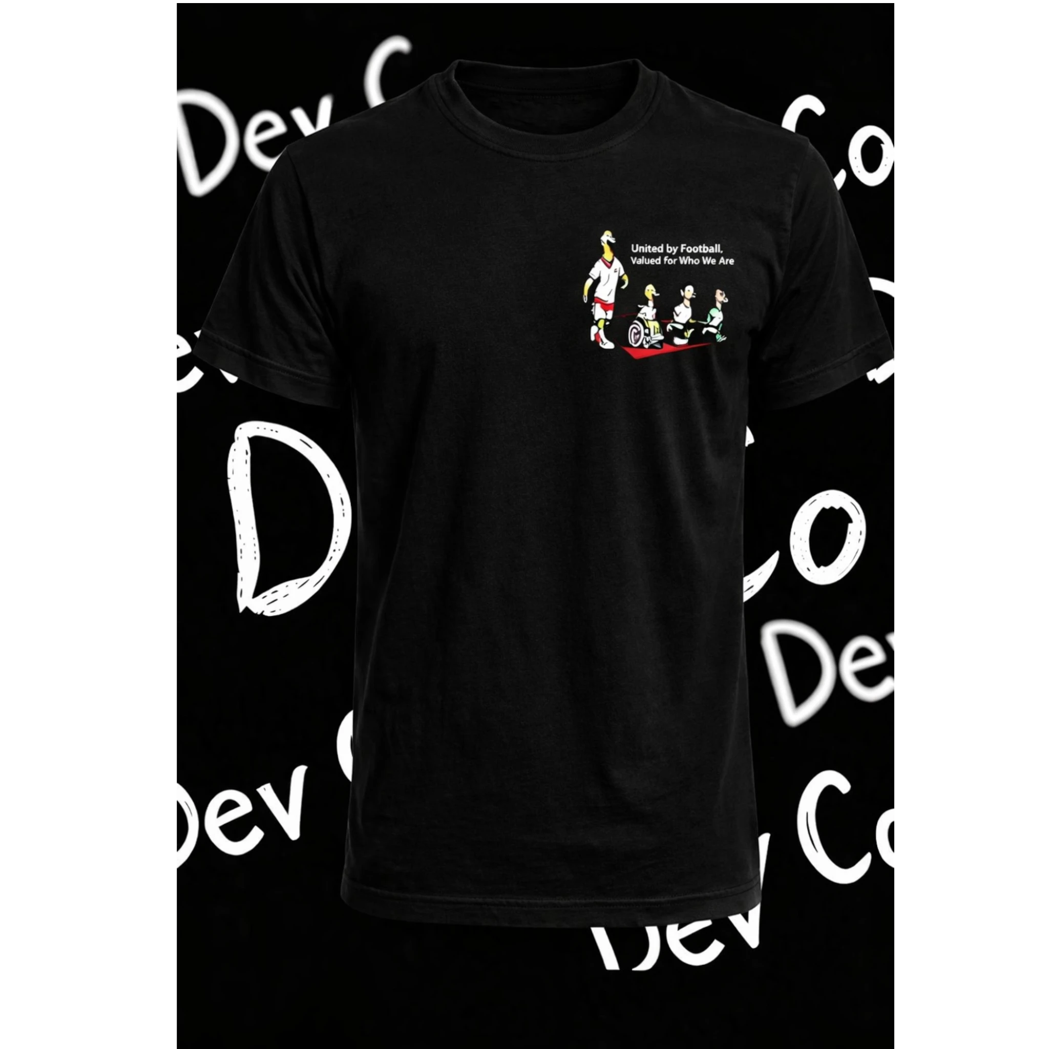 Dev co clothing black 100% cotton adult t-shirt featuring a football-themed graphic with the text United by Football.