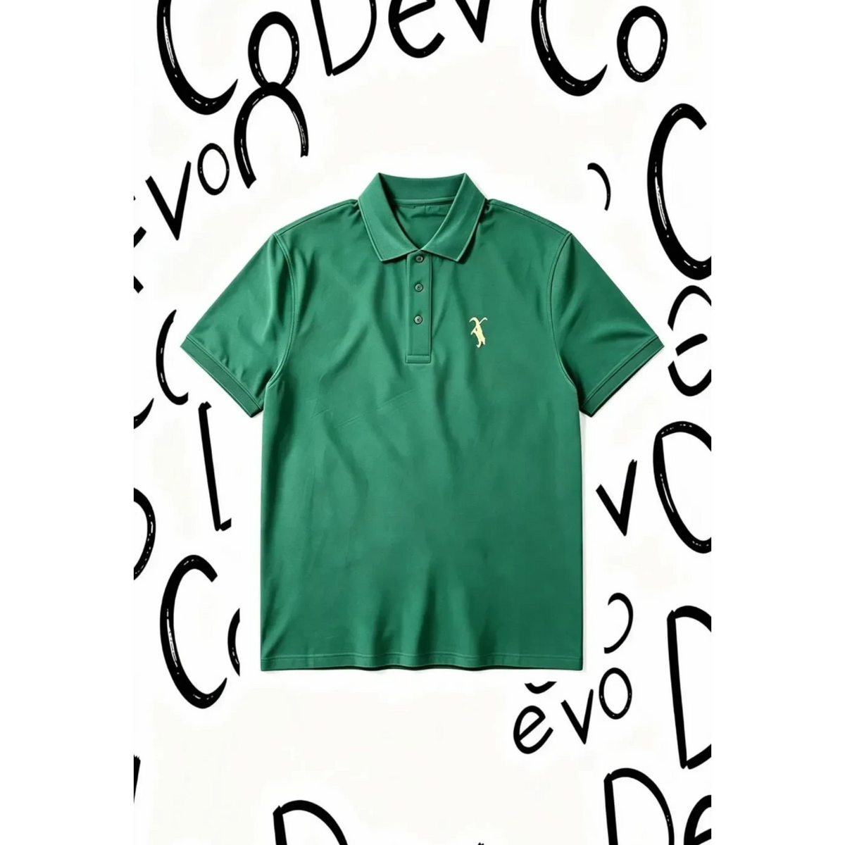 Dev co clothing green semi-fitted golf polo made from 100% Coolplus polyester with a three-button placket.