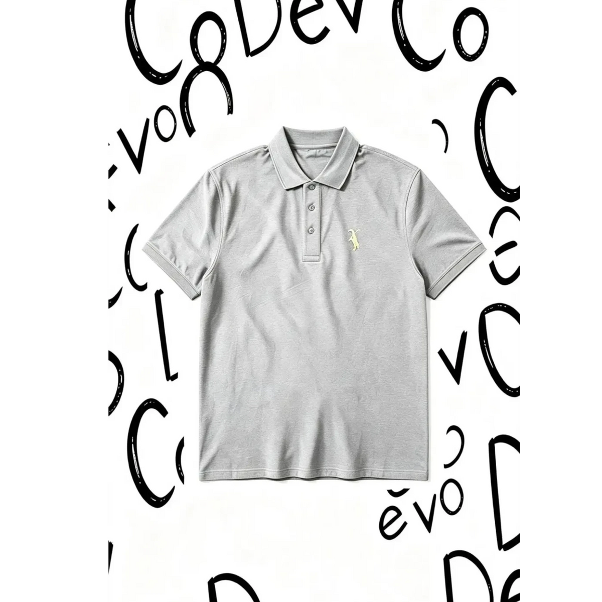 Dev co clothing semi-fitted grey golf polo made from 100% Coolplus polyester with a three-button placket