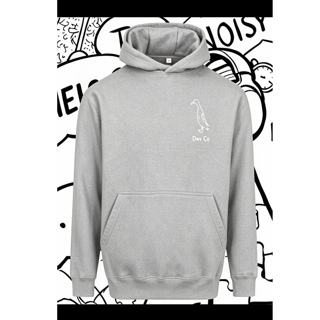 Dev co clothing grey unisex adult hoodie made from cotton blend with a small duck logo and kangaroo pocket.