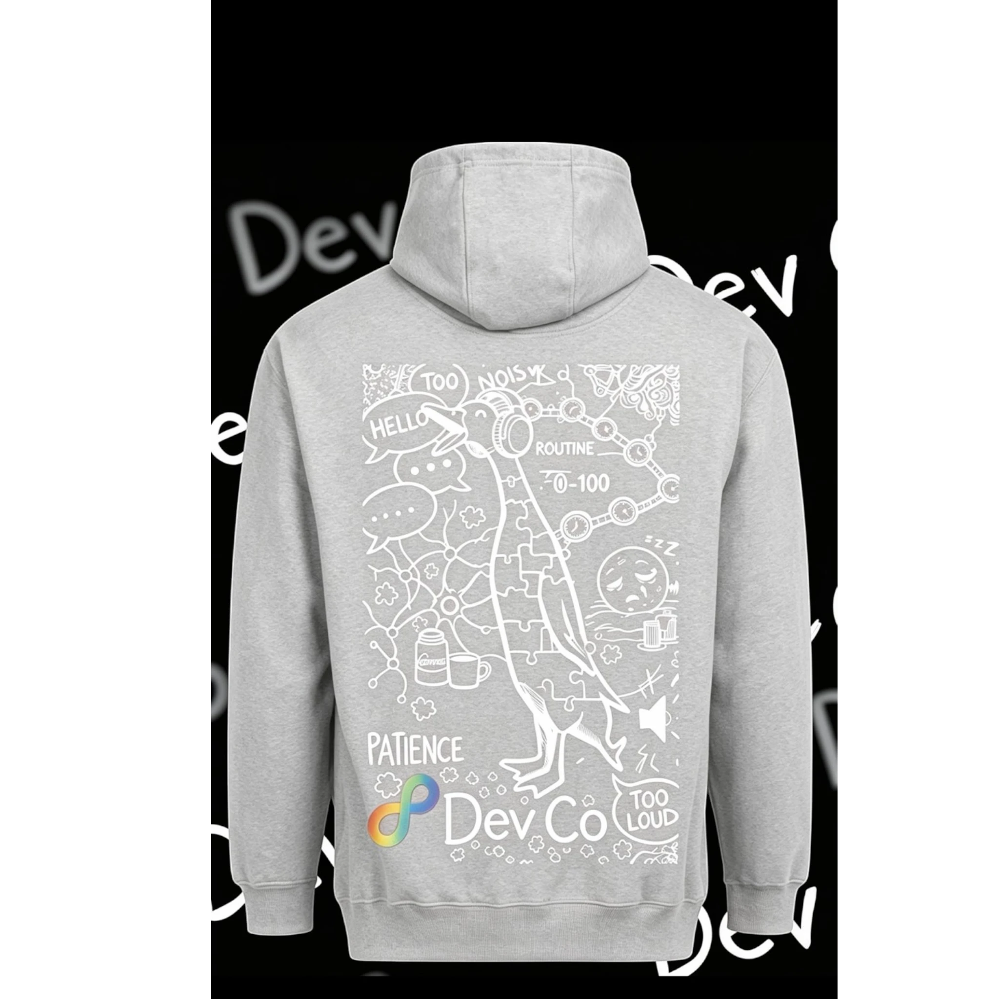 Dev co clothing grey unisex adult hoodie with a white line art graphic featuring a bird, puzzle pieces, and text like "Patience" and "Too Loud".