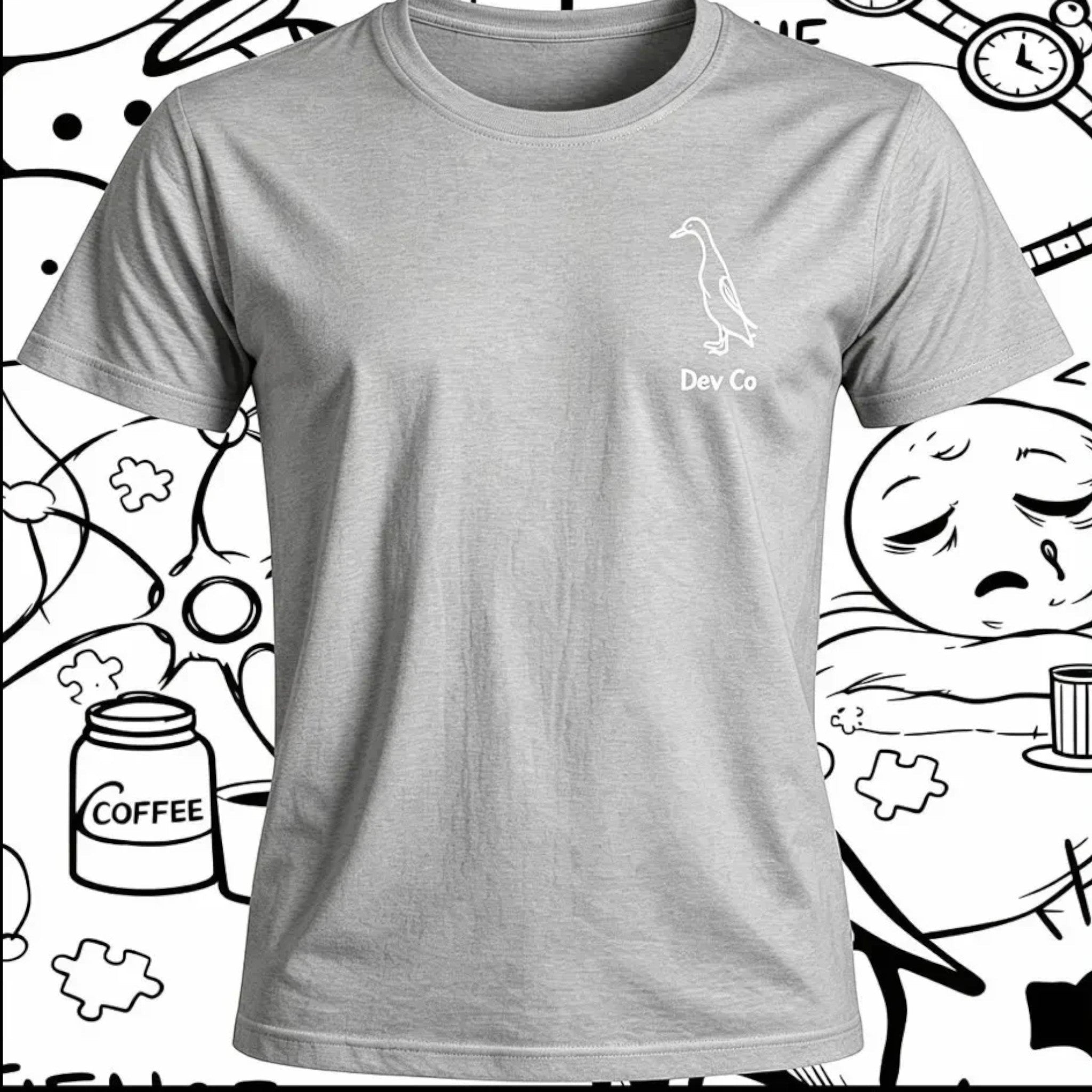 Dev co clothing grey 100% organic cotton unisex t-shirt with a subtle white duck outline and logo.