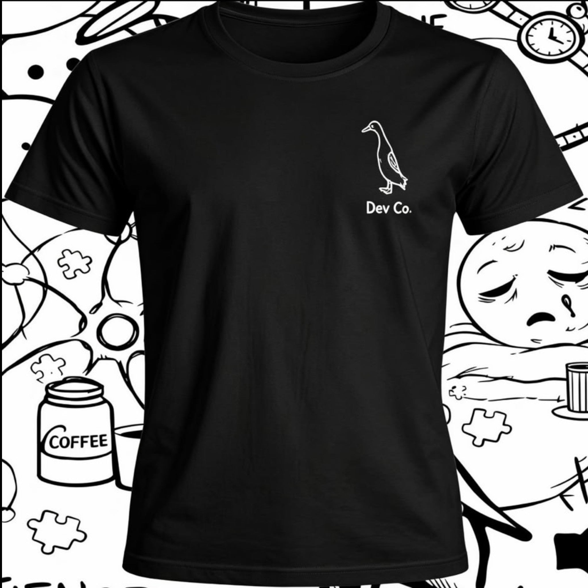Dev co clothing black 100% Better Cotton kids t-shirt with a white duck logo and "Dev Co." text.