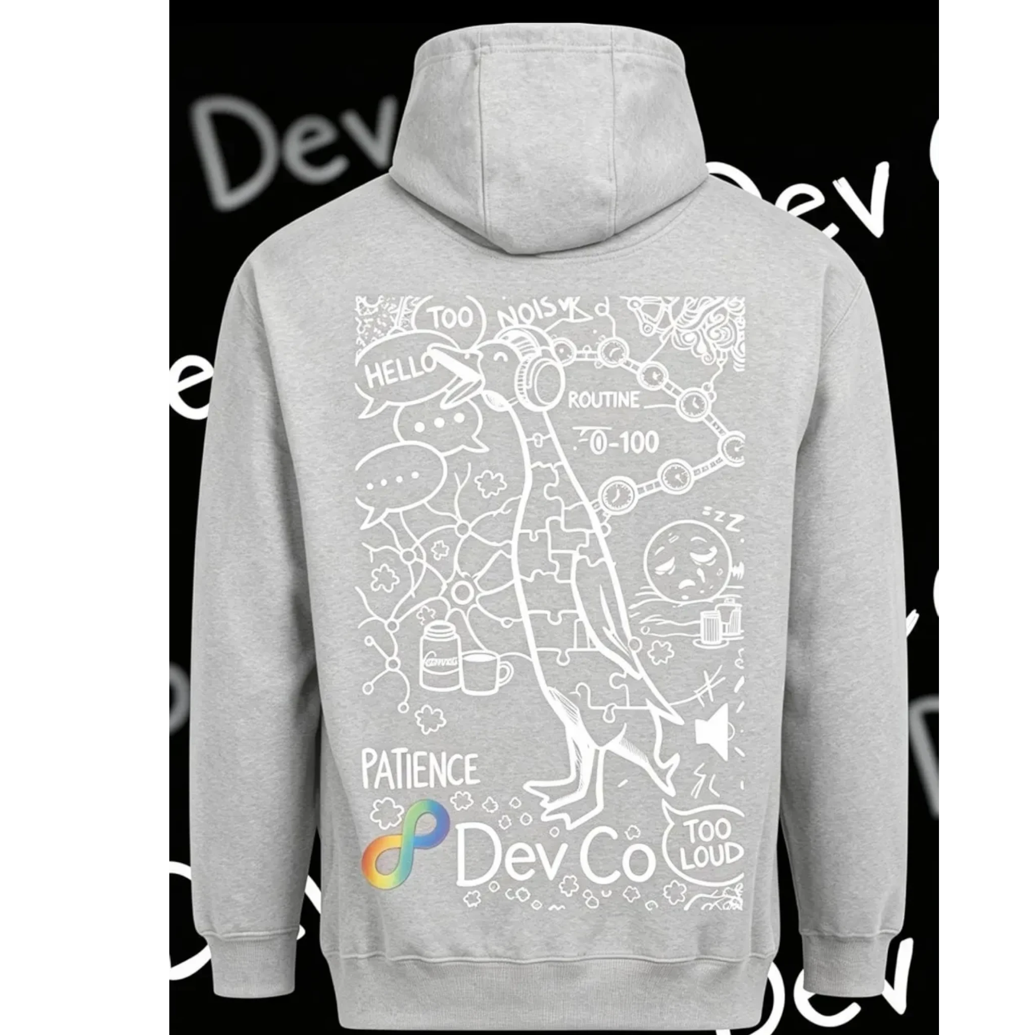 Dev co clothing light grey unisex kids hoodie with a white graphic print featuring a bird, speech bubbles, and the words "Patience" and "Too Loud".