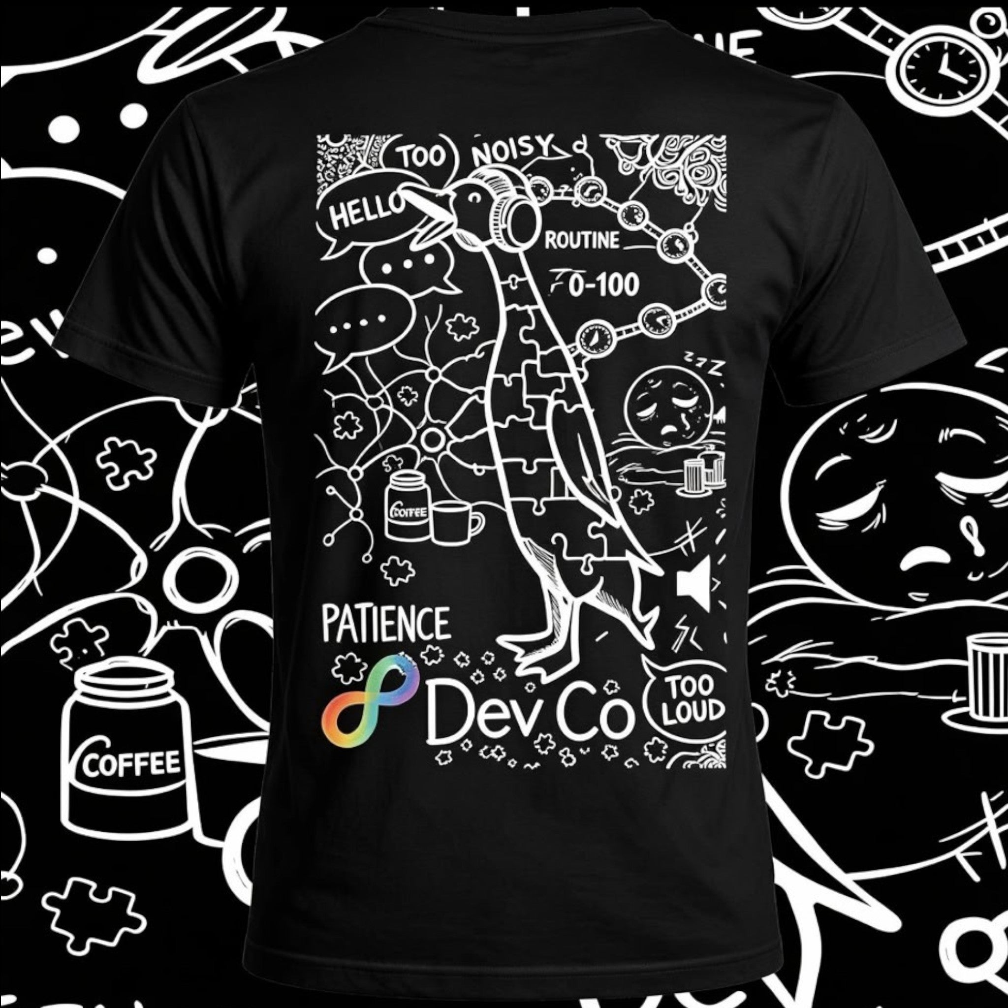 Dev co clothing black 100% Better Cotton kids t-shirt with a white graphic of a bird wearing headphones and surrounded by abstract shapes and text.