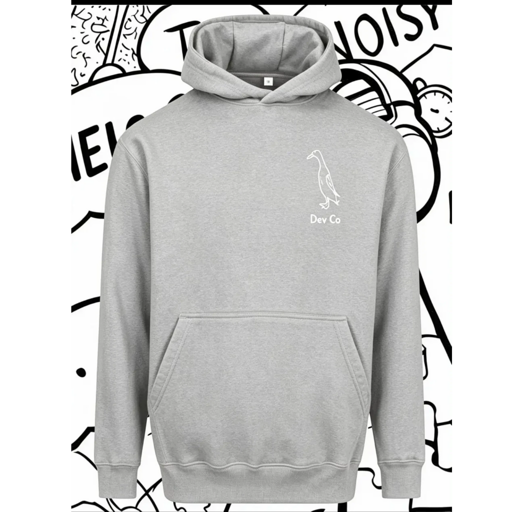 Dev co clothing grey unisex kids hoodie made of 80% cotton and 20% polyester with a small duck logo.