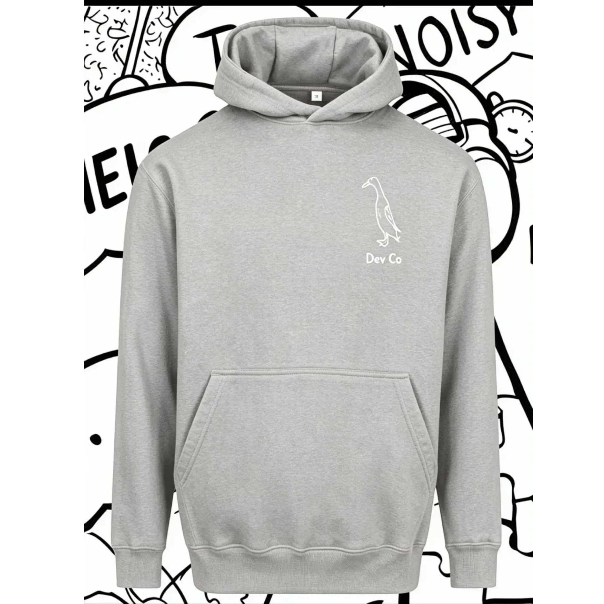 Dev co clothing grey unisex kids hoodie made of 80% cotton and 20% polyester with a small duck logo.