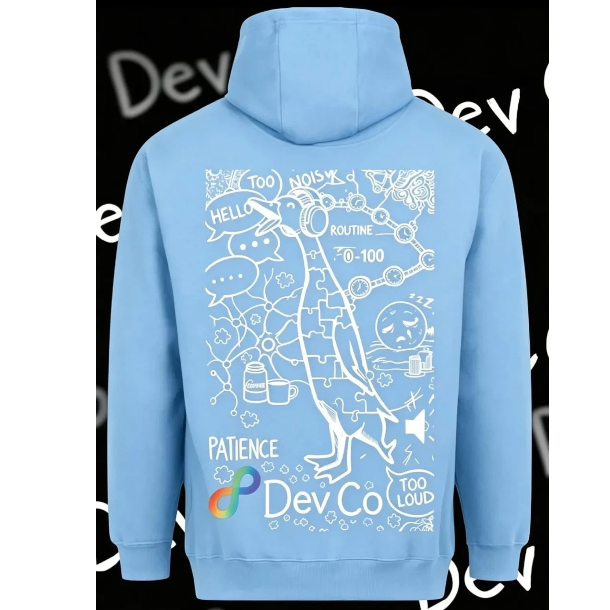 Dev co clothing light blue unisex kids hoodie made of 80% cotton, 20% polyester with graphic print.