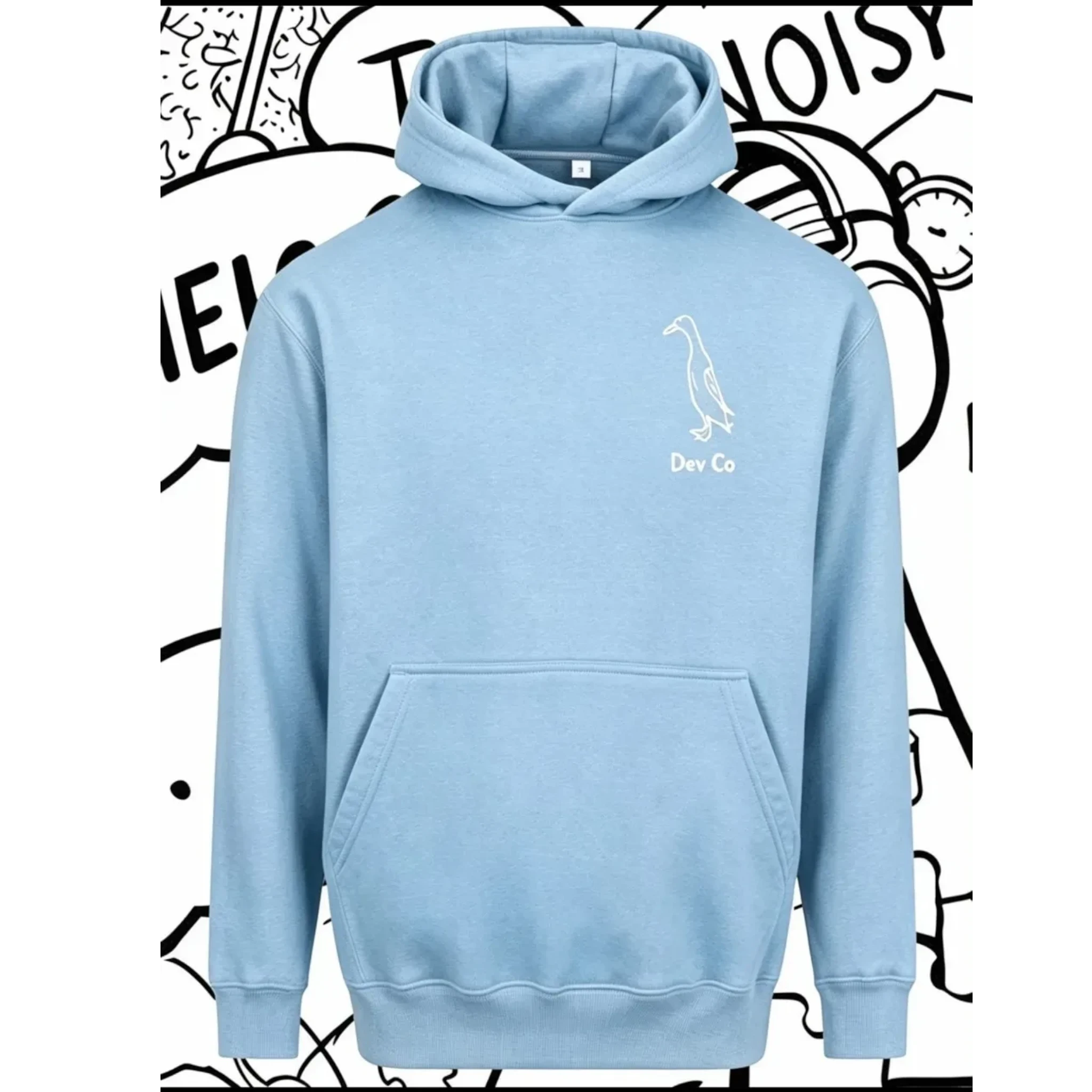 Dev co clothing light blue unisex kids hoodie made of 80% cotton, 20% polyester with a small bird graphic.