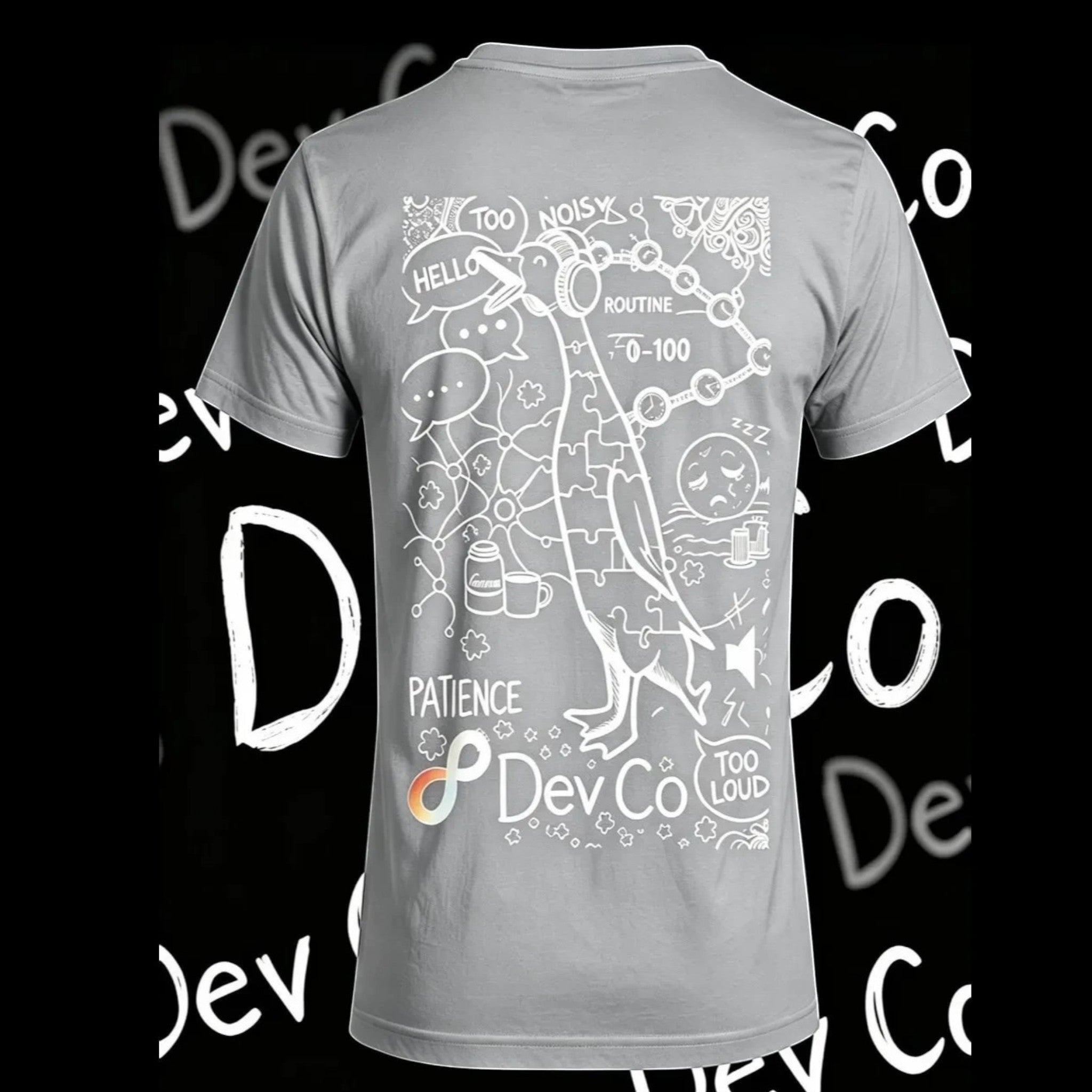 Dev co clothing grey 100% Better Cotton kids t-shirt with a white line drawing of a penguin wearing headphones and puzzle pieces.