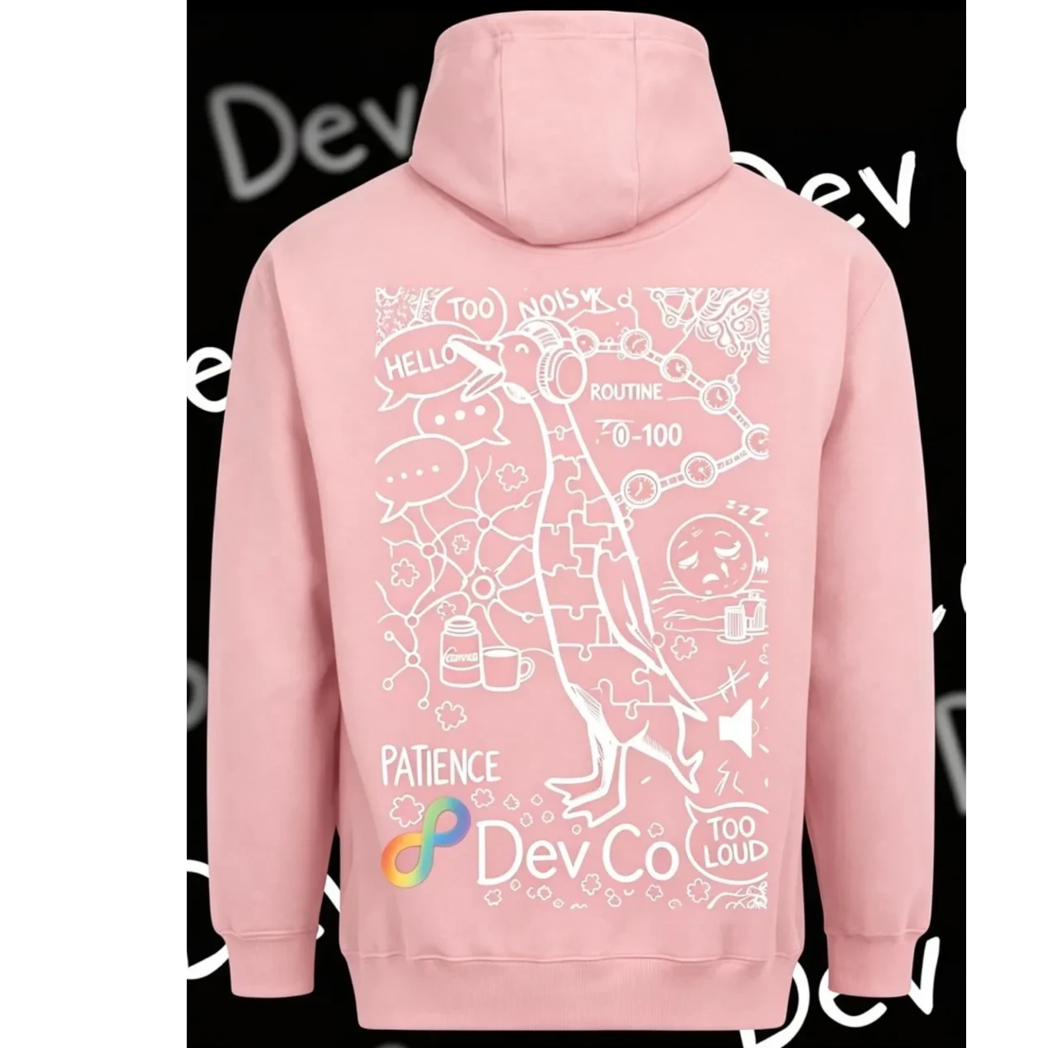 Dev co clothing pink unisex kids hoodie, 80% cotton, 20% polyester, with a white graphic print of a bird and puzzle pieces.