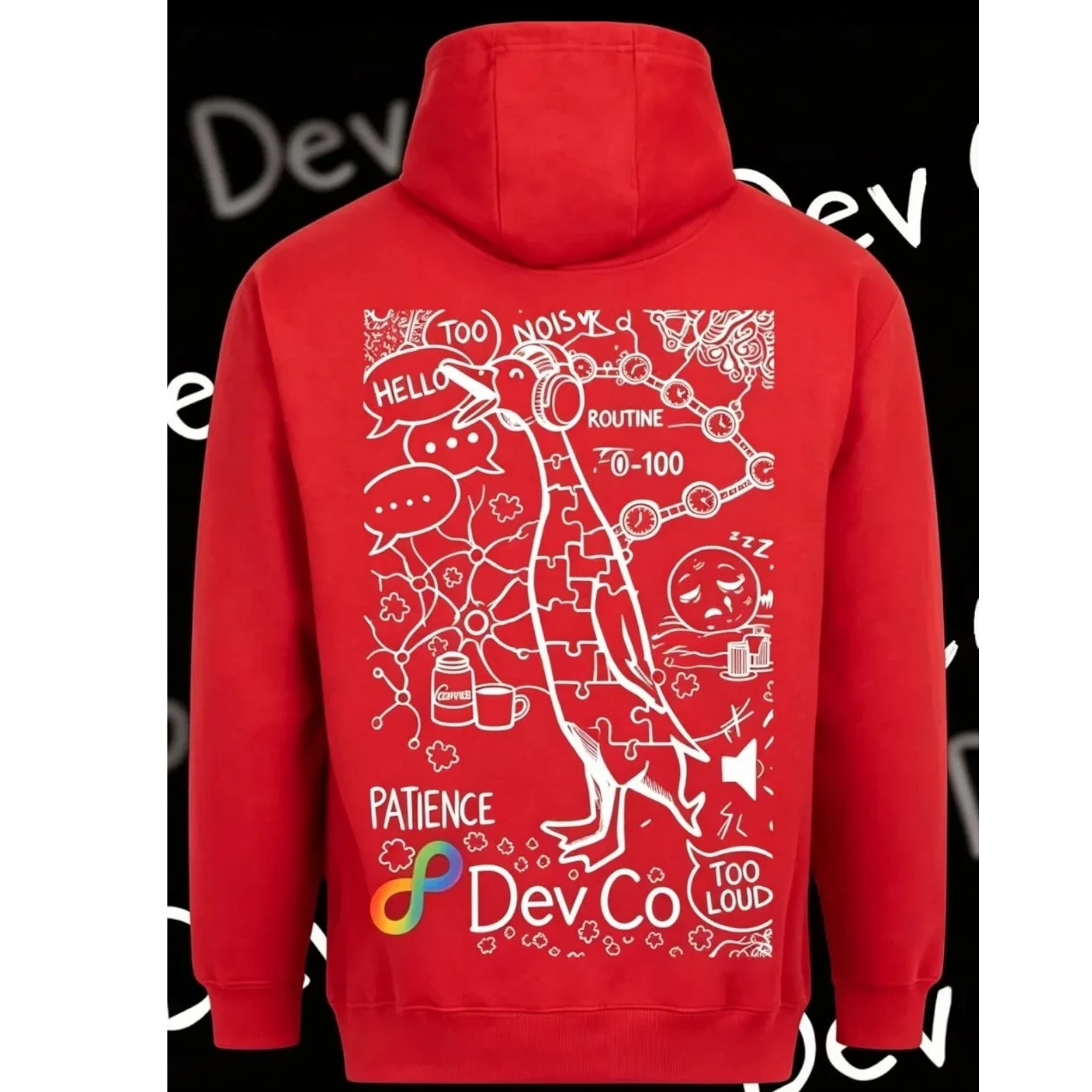 Dev co clothing red unisex kids hoodie, 80% cotton, 20% polyester, with a white graphic print of a penguin and abstract designs.