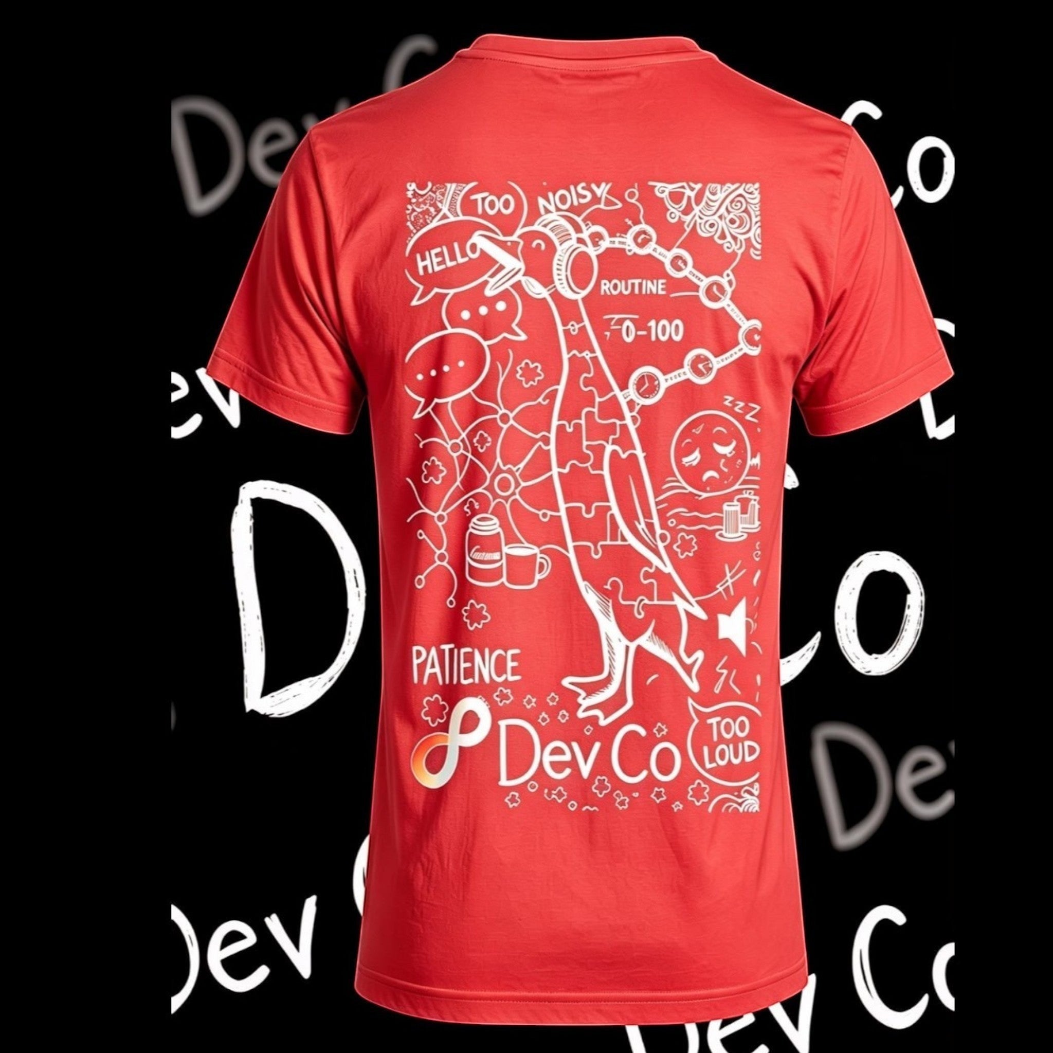 Dev co clothing kids red 100% Better Cotton t-shirt with a white graphic print of a penguin made of puzzle pieces.