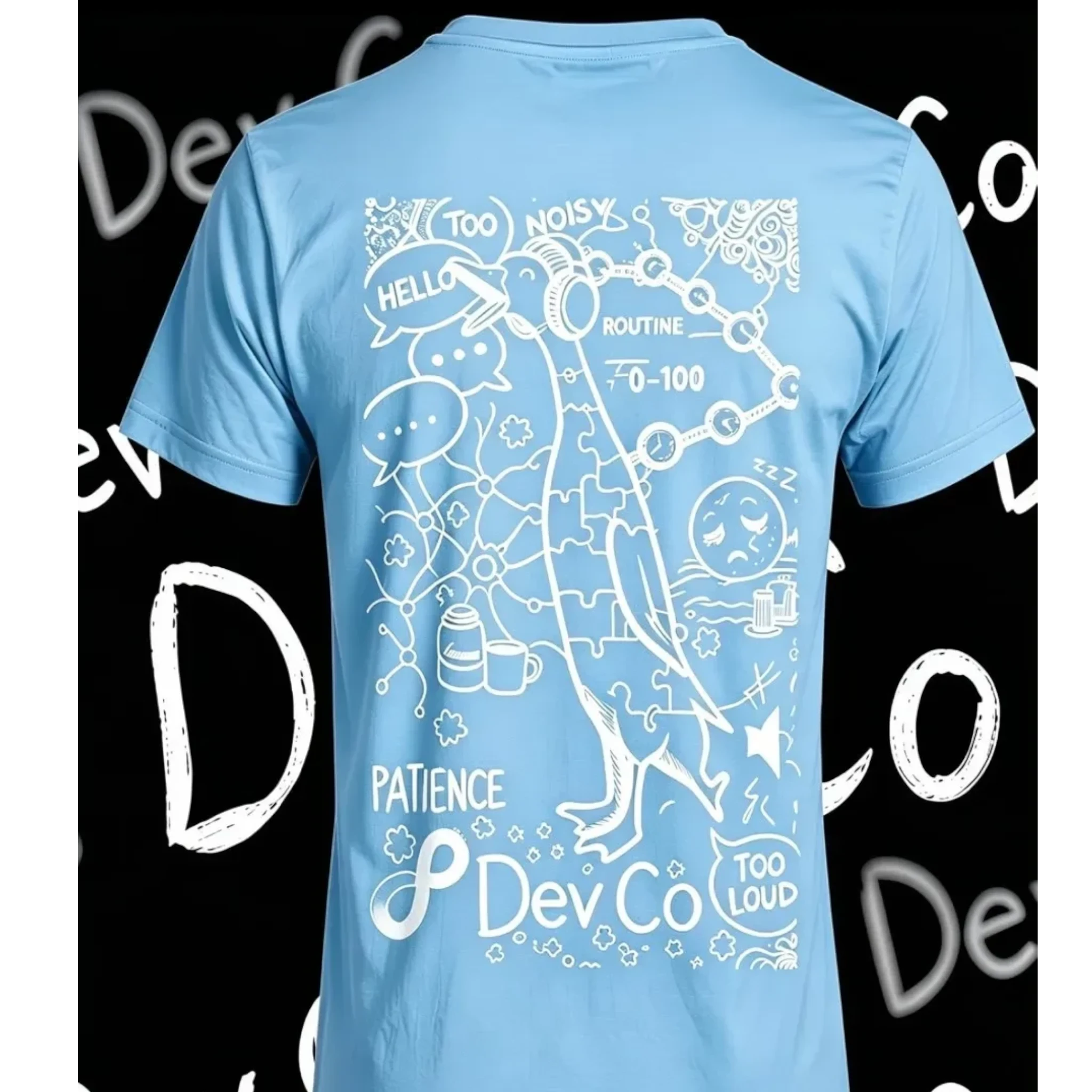 Dev co clothing light blue 100% Better Cotton kids t-shirt with a white line drawing graphic.