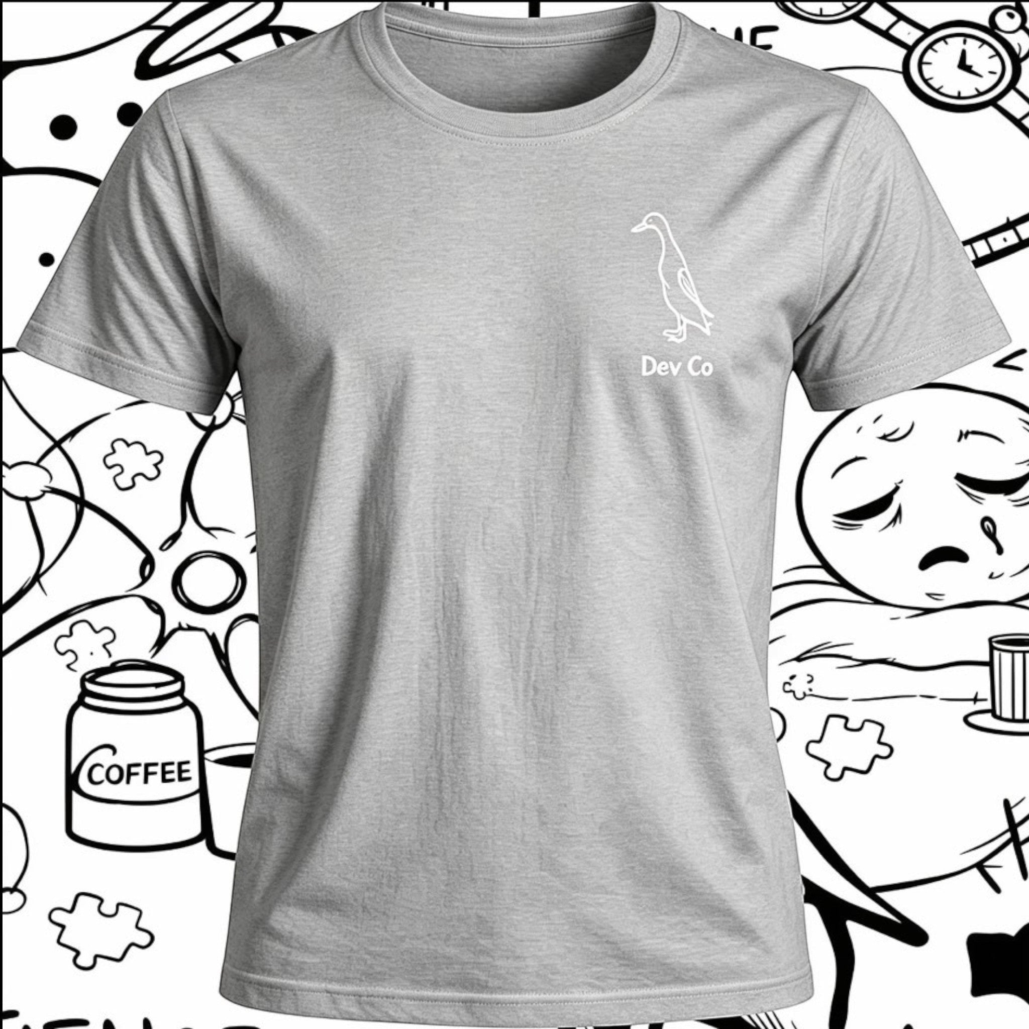 Dev co clothing grey 100% Better Cotton kids t-shirt with a subtle duck logo and "Dev Co" text.