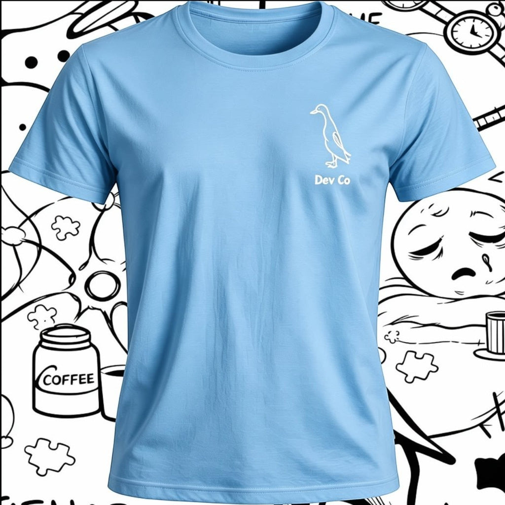 Dev co clothing light blue 100% Better Cotton kids t-shirt with a subtle duck graphic and text.