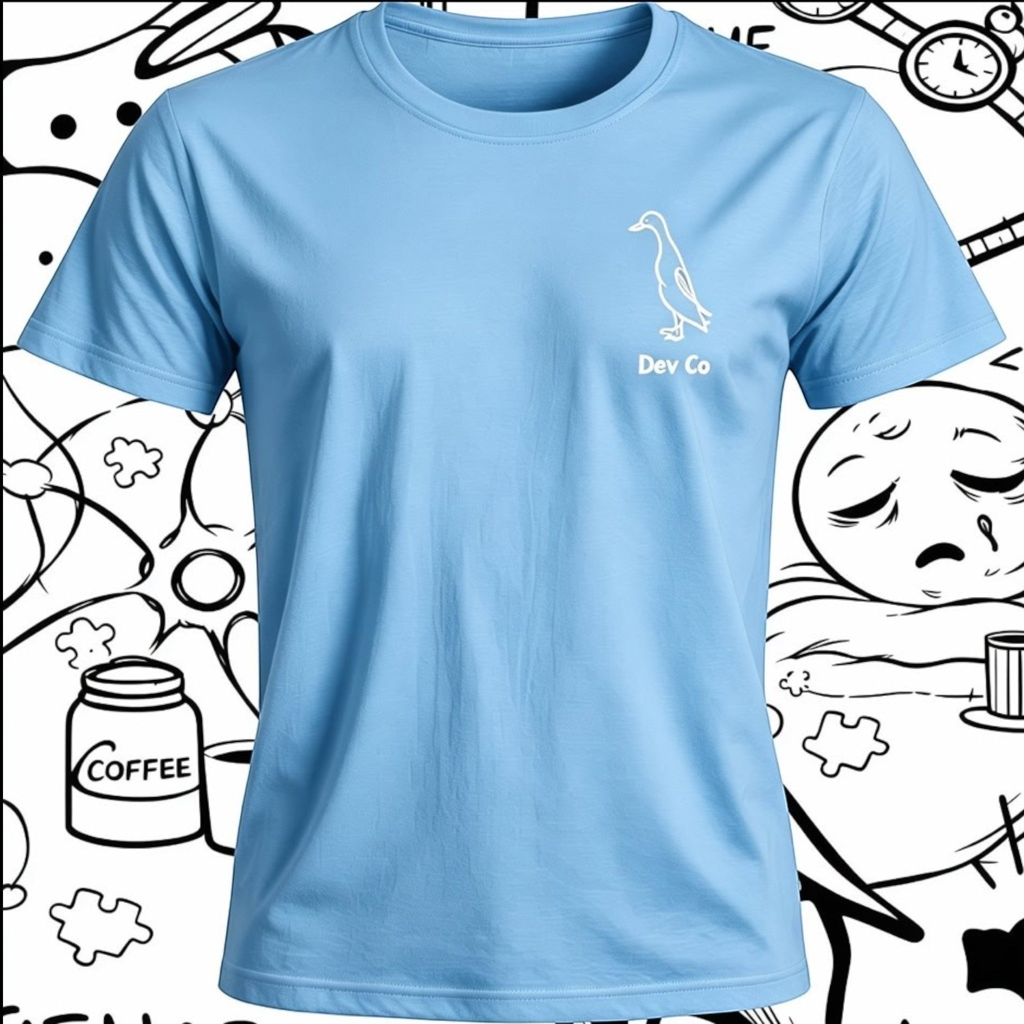 Dev co clothing light blue 100% Better Cotton kids t-shirt with a subtle duck graphic and text.