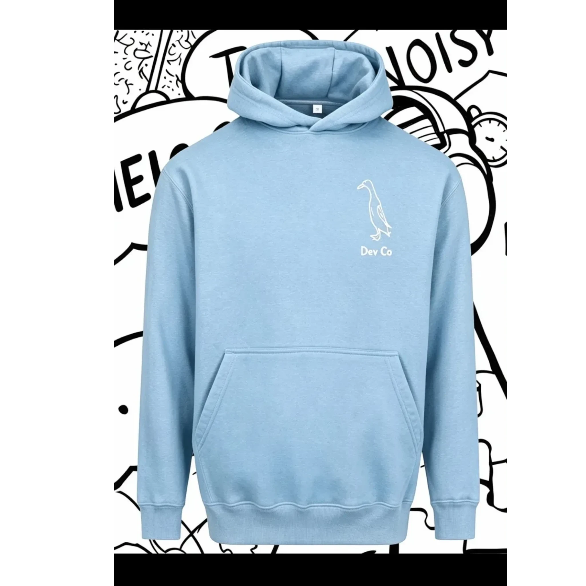 Dev co clothing light blue unisex hoodie made from cotton blend with a small white bird logo and text.
