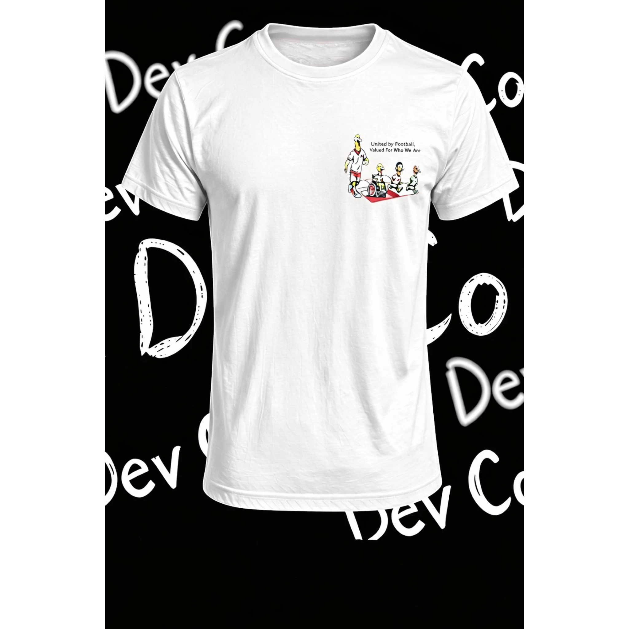 Dev co clothing white 100% cotton adult t-shirt featuring a small United by Football graphic on the chest.