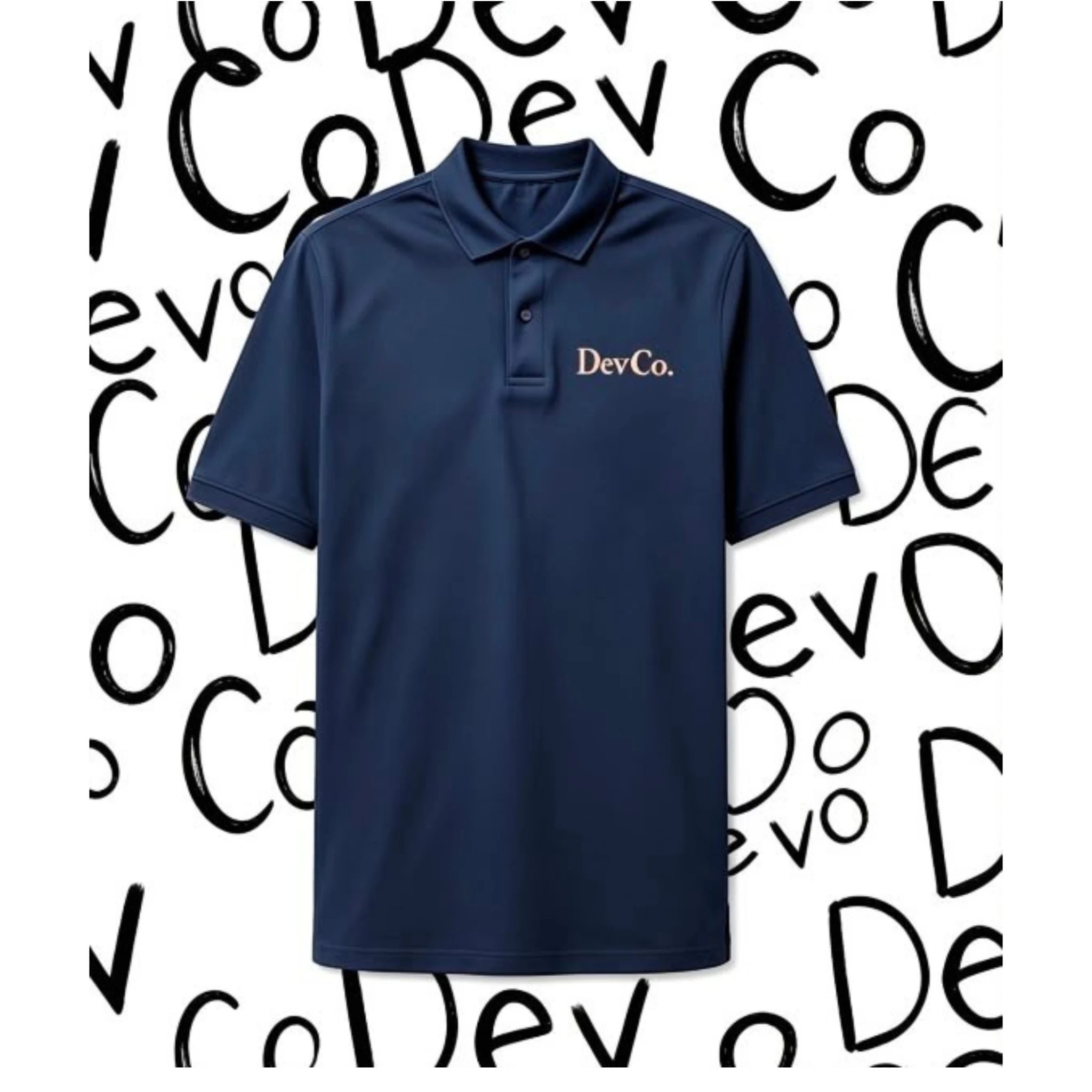 Dev co clothing navy blue semi-fitted polo shirt with three self-colour buttons and DevCo logo on chest.