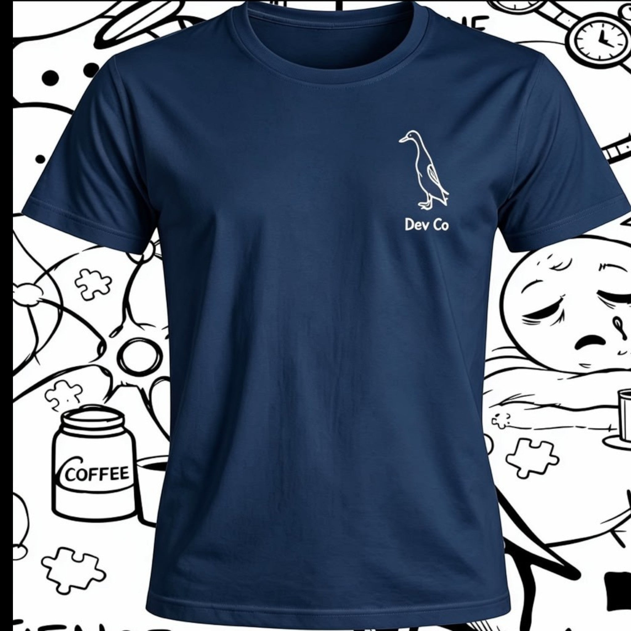 Dev co clothing navy blue 100% organic cotton t-shirt with a subtle white duck logo and text.