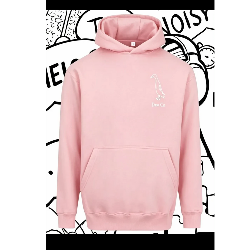 Dev co clothing pink unisex adult hoodie made from cotton blend with a small duck logo and front pocket.