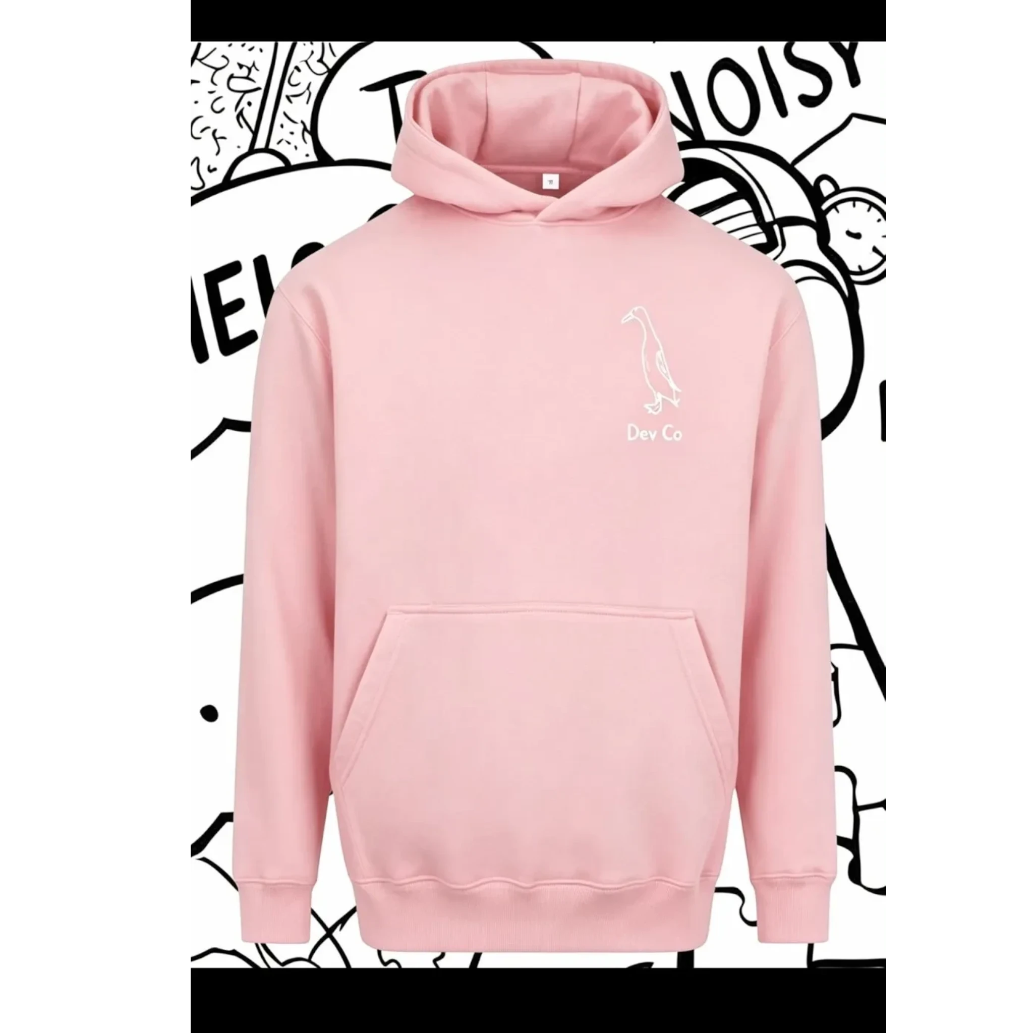 Dev co clothing pink unisex adult hoodie made from cotton blend with a small duck logo and front pocket.
