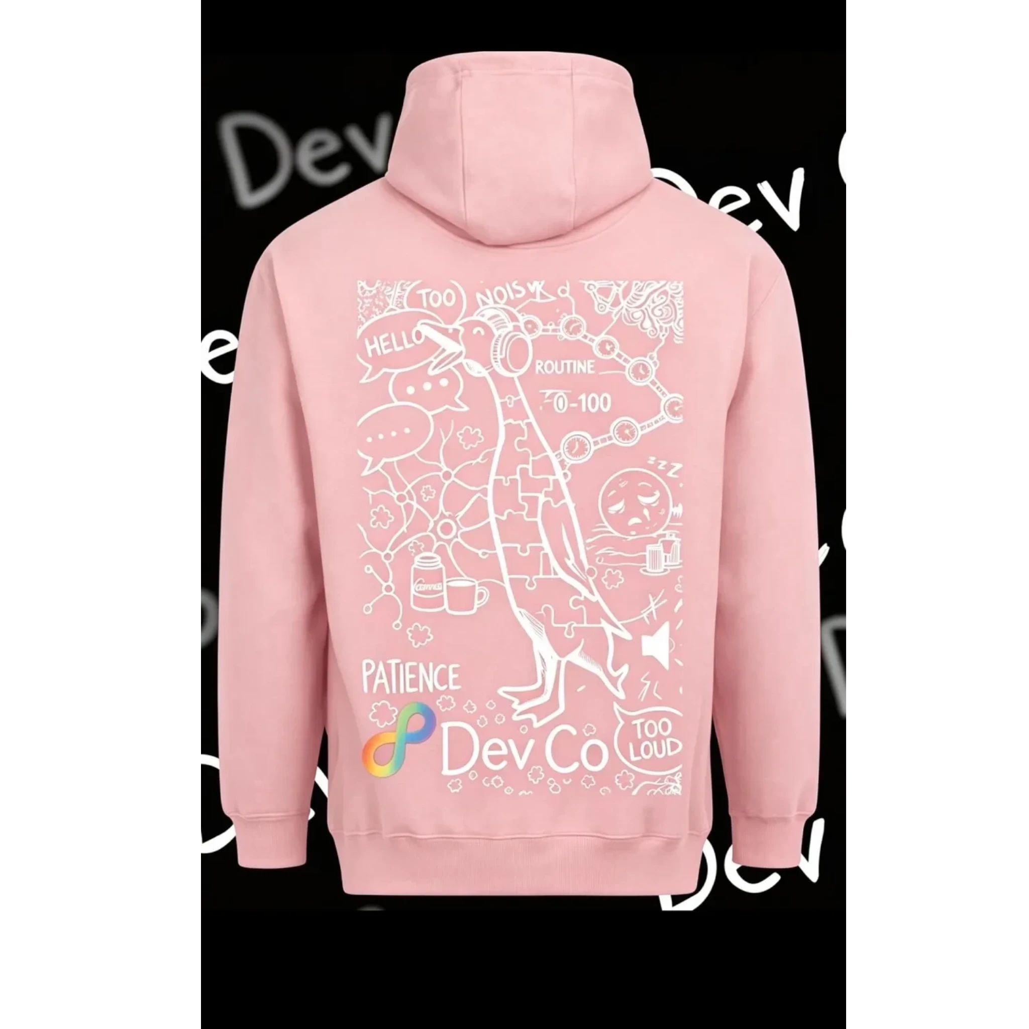 Dev co clothing pink unisex adult hoodie with a white line drawing graphic featuring a bird, puzzle pieces, and text like "Hello" and "Patience".
