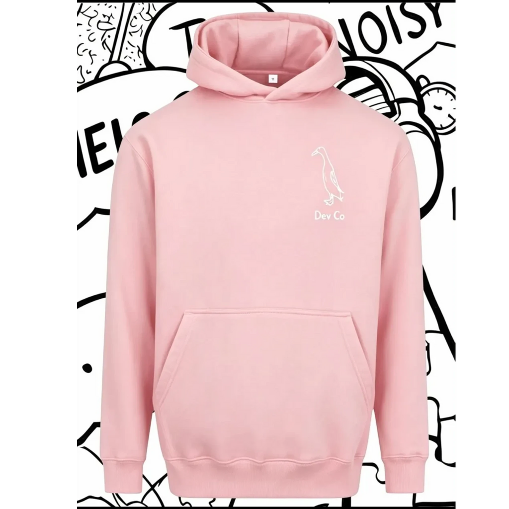 Dev co clothing pink unisex kids hoodie made from 80% cotton, 20% polyester with a small duck graphic.