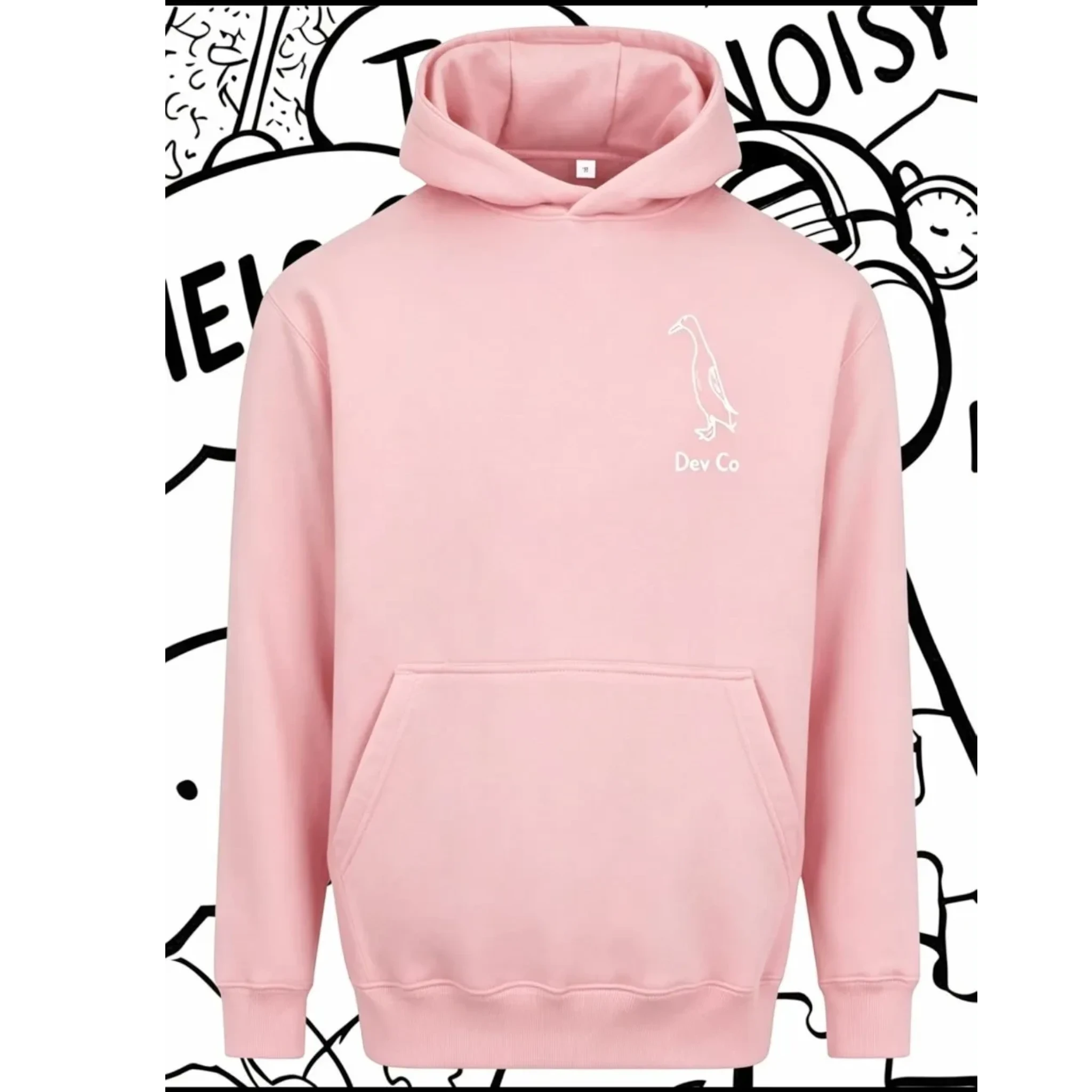 Dev co clothing pink unisex kids hoodie made from 80% cotton, 20% polyester with a small duck graphic.