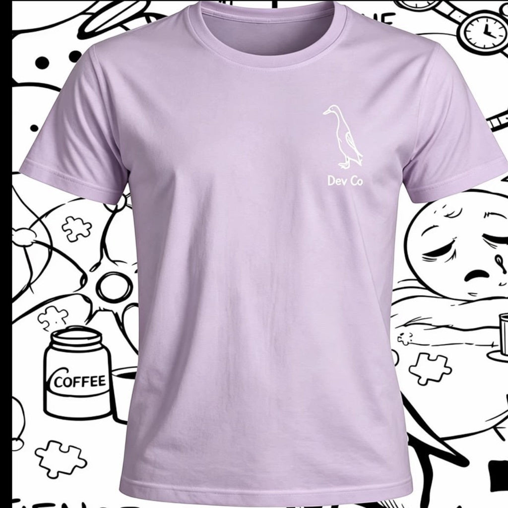 Dev co clothing light purple 100% organic cotton unisex t-shirt with a subtle duck logo and "Dev Co" text.