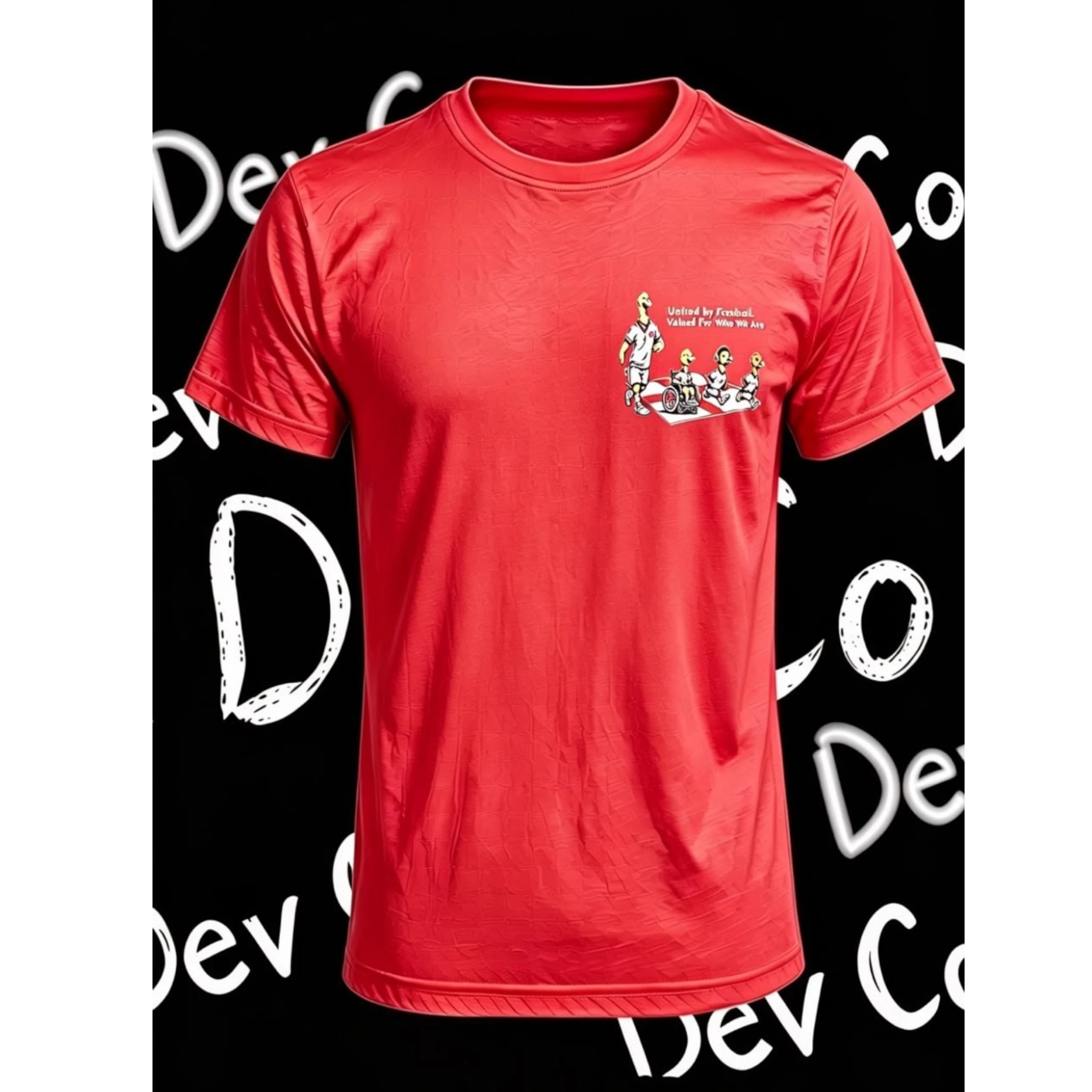 Dev co clothing red 100% cotton kids t-shirt with a graphic print on the left chest.