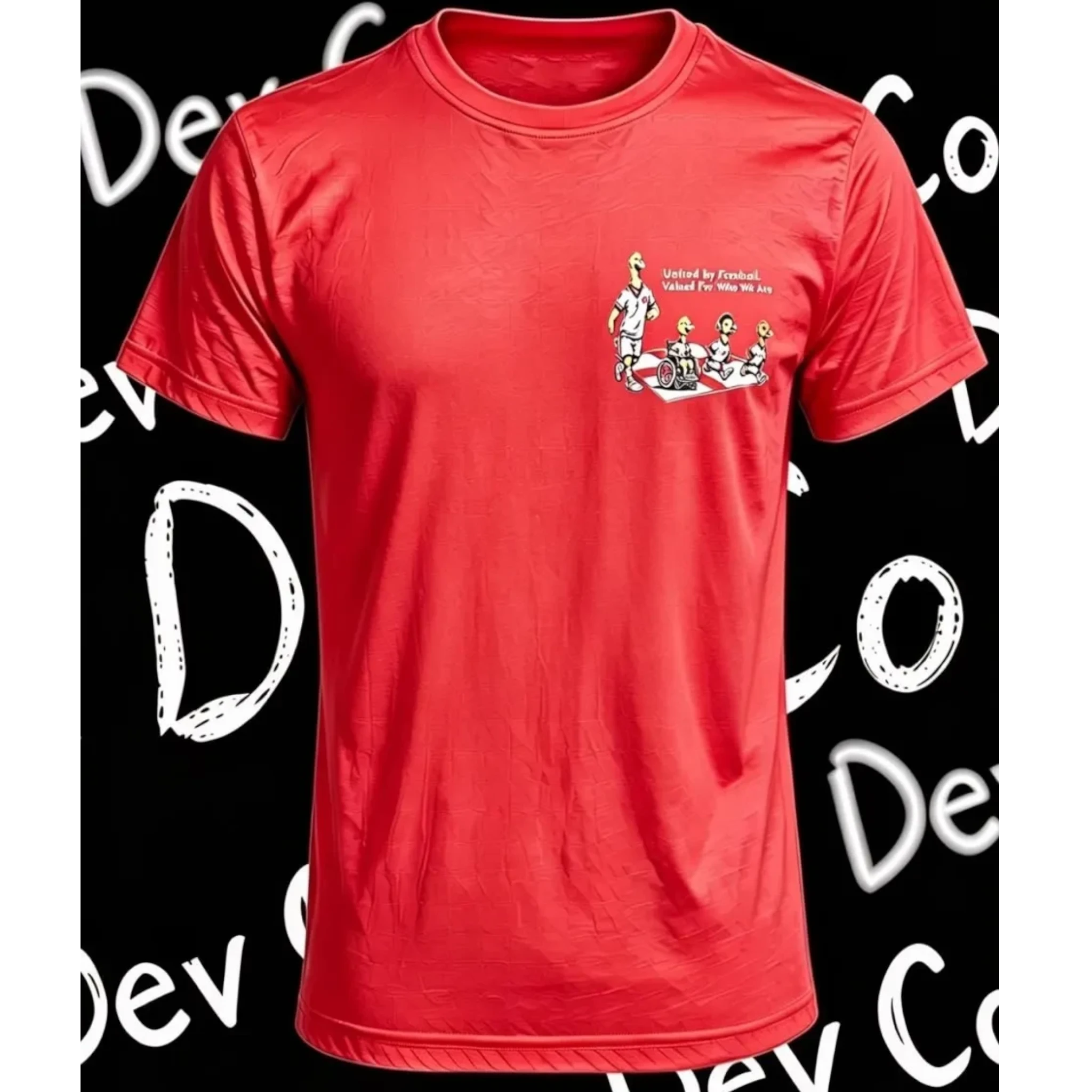 Dev co clothing red 100% cotton adult t-shirt with special edition graphic on chest.