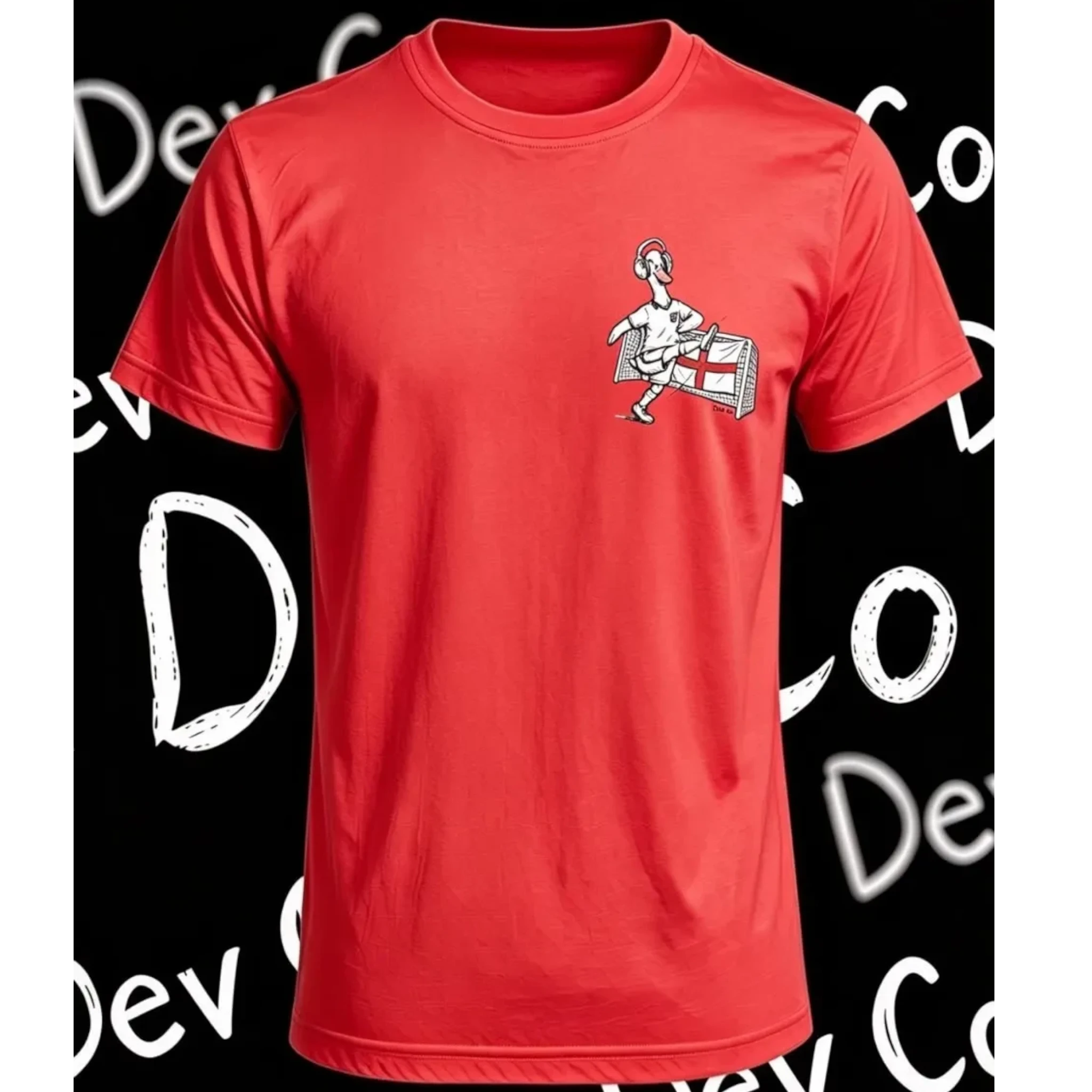 Dev co clothing red 100% cotton adult t-shirt with a cartoon duck kicking a football with the England flag.