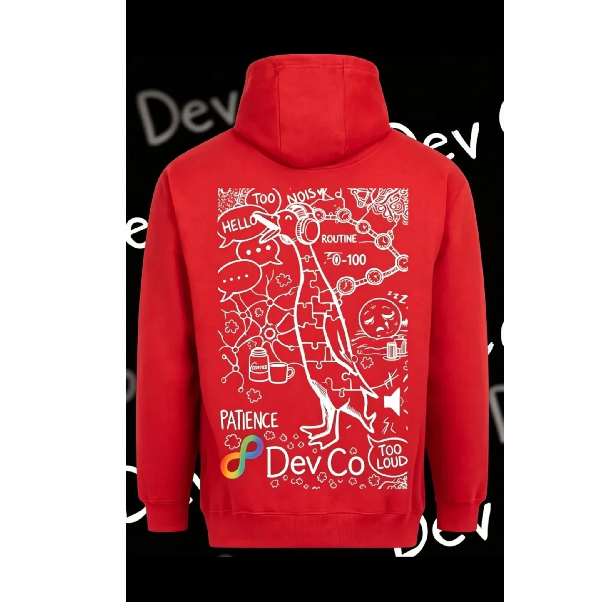 Dev co clothing red unisex adult hoodie with a white graphic print featuring a penguin, puzzle pieces, and text like "Patience" and "Too Noisy".