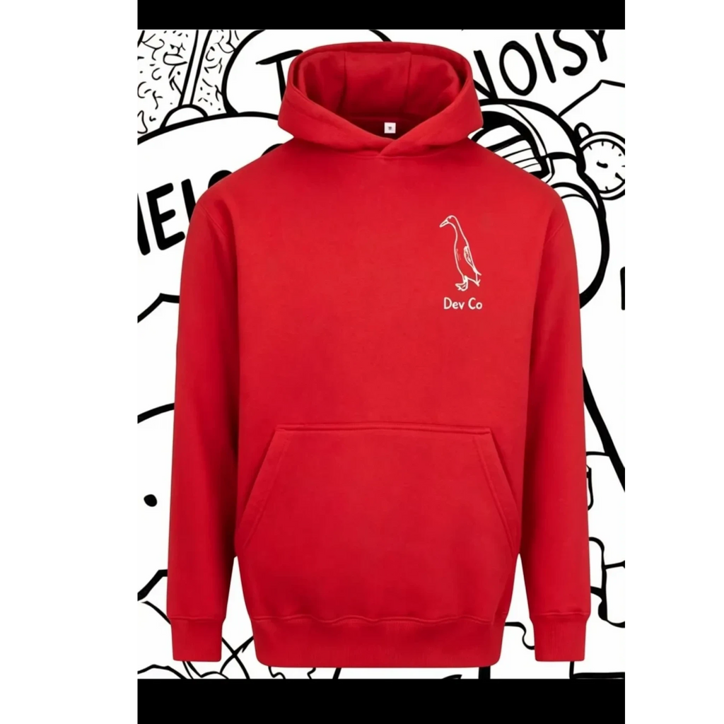 Dev co clothing red unisex adult hoodie made from cotton blend with a small duck graphic and "Dev Co" text.