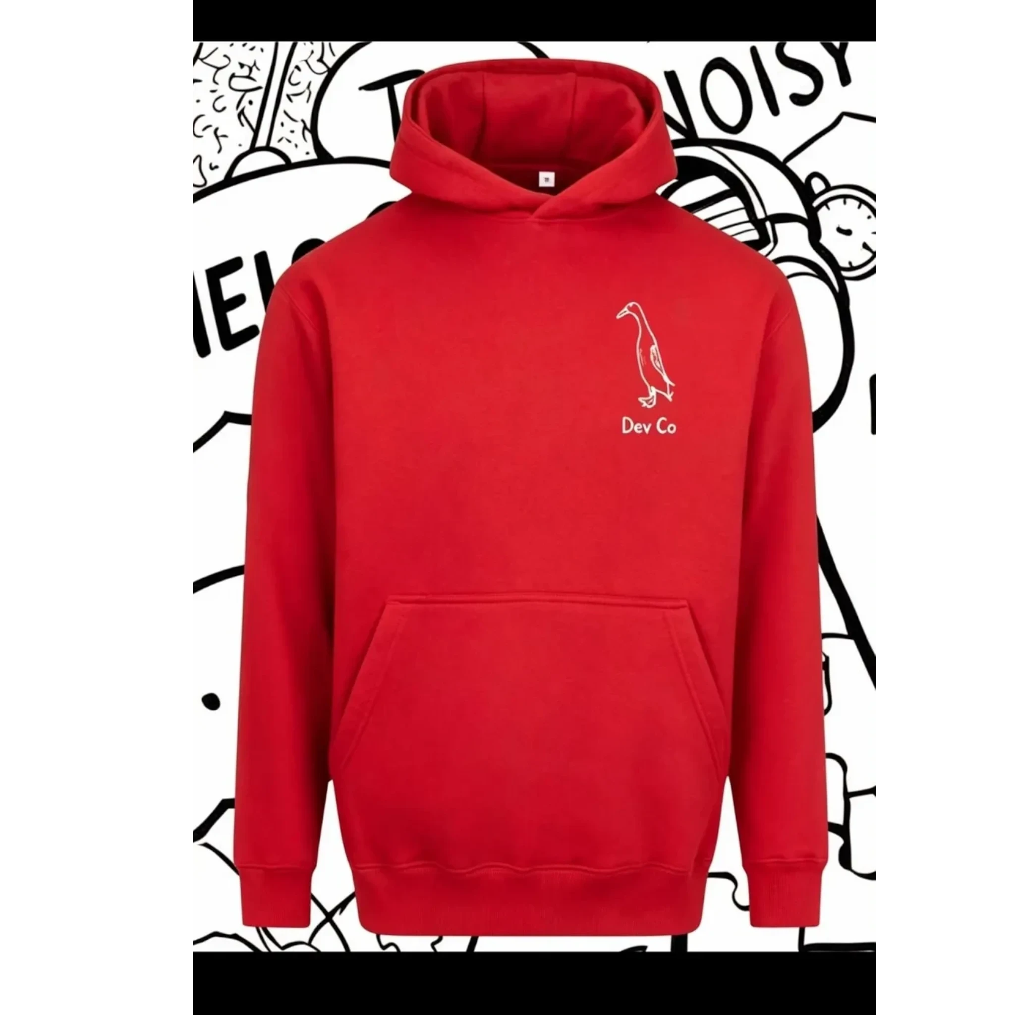Dev co clothing red unisex adult hoodie made from cotton blend with a small duck graphic and "Dev Co" text.