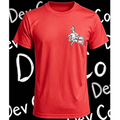 Dev co clothing red 100% cotton kids t-shirt with a cartoon duck playing football and the England flag.