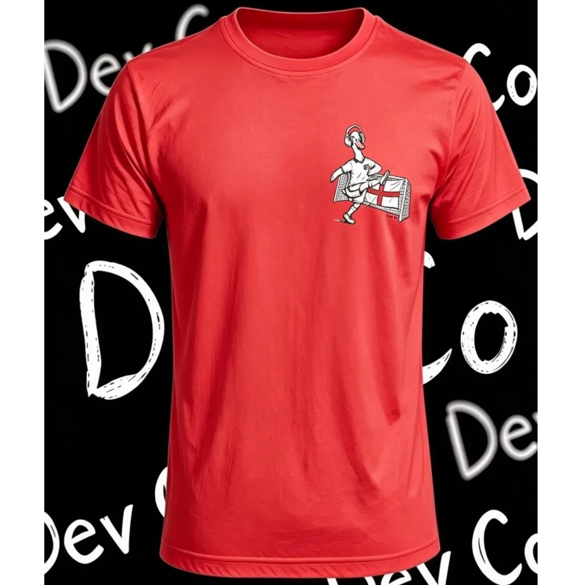 Dev co clothing red 100% cotton kids t-shirt with a cartoon duck playing football and the England flag.