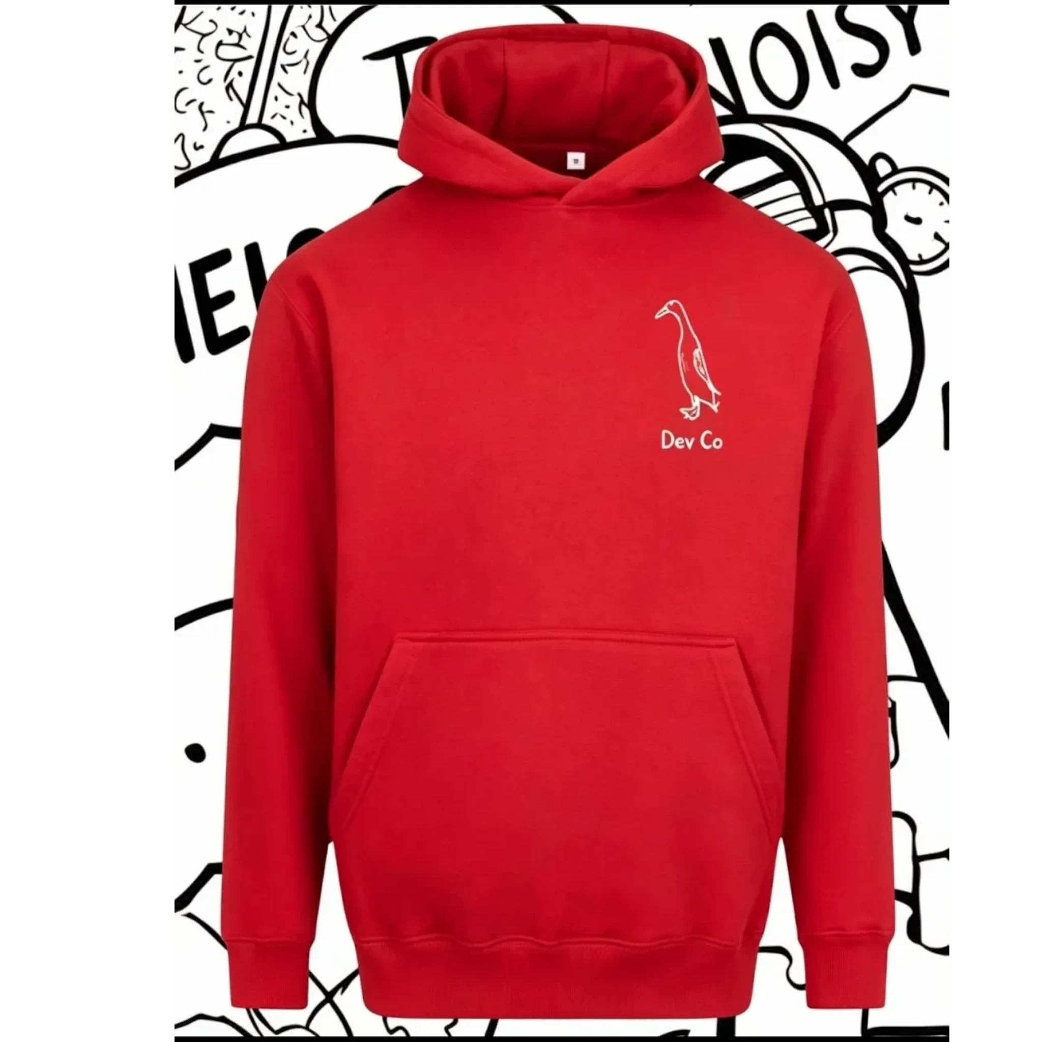 Dev co clothing red unisex kids hoodie made from 80% cotton, 20% polyester with a small duck graphic.