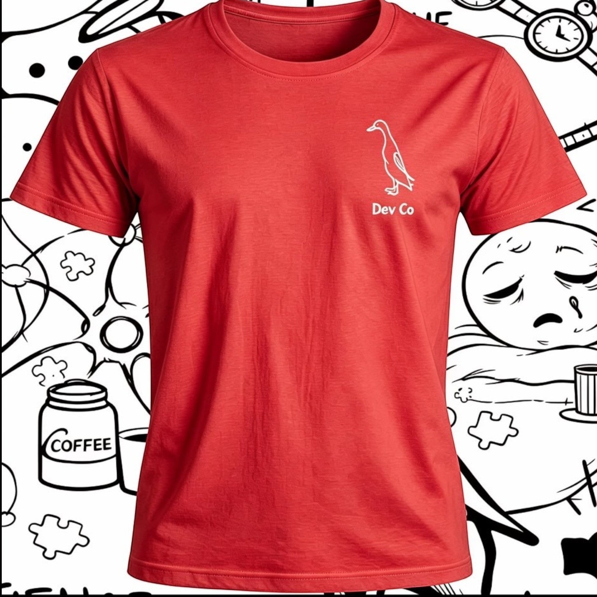 Dev co clothing red 100% Better Cotton kids t-shirt with a subtle duck logo and "Dev Co" text.