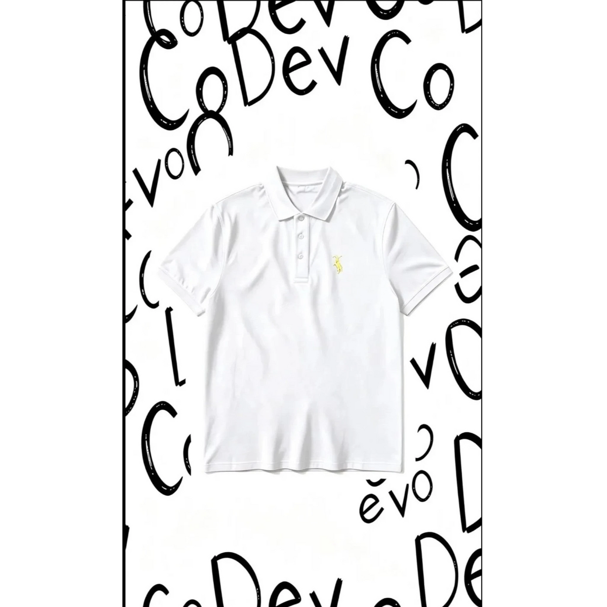 Dev co clothing white semi-fitted golf polo made of 100% Coolplus polyester with a three-button placket.