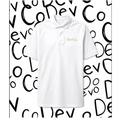 Dev co clothing white semi-fitted polo shirt made from 100% Coolplus polyester with a three-button placket.